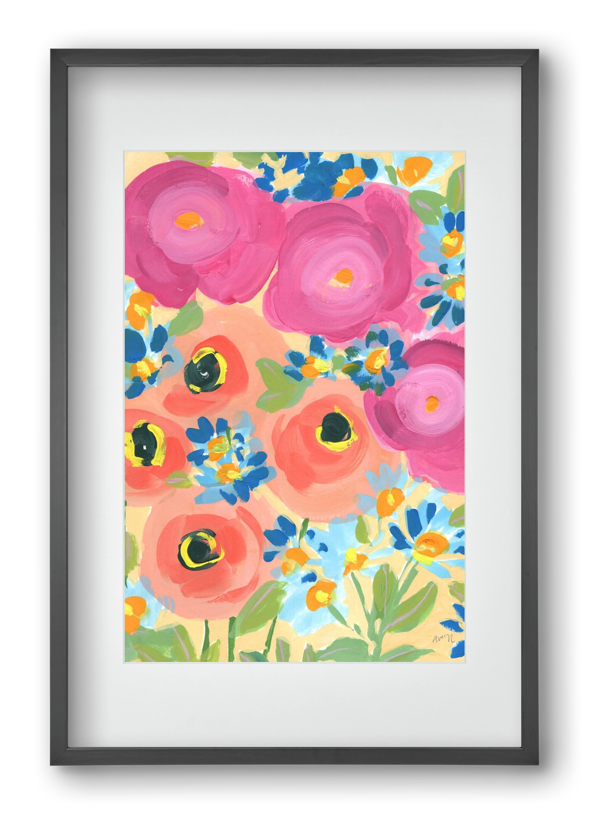 Pink Roses With Coral Anemones, 40x60 cm (30x45 cm), Fekete keret, paszpartuval