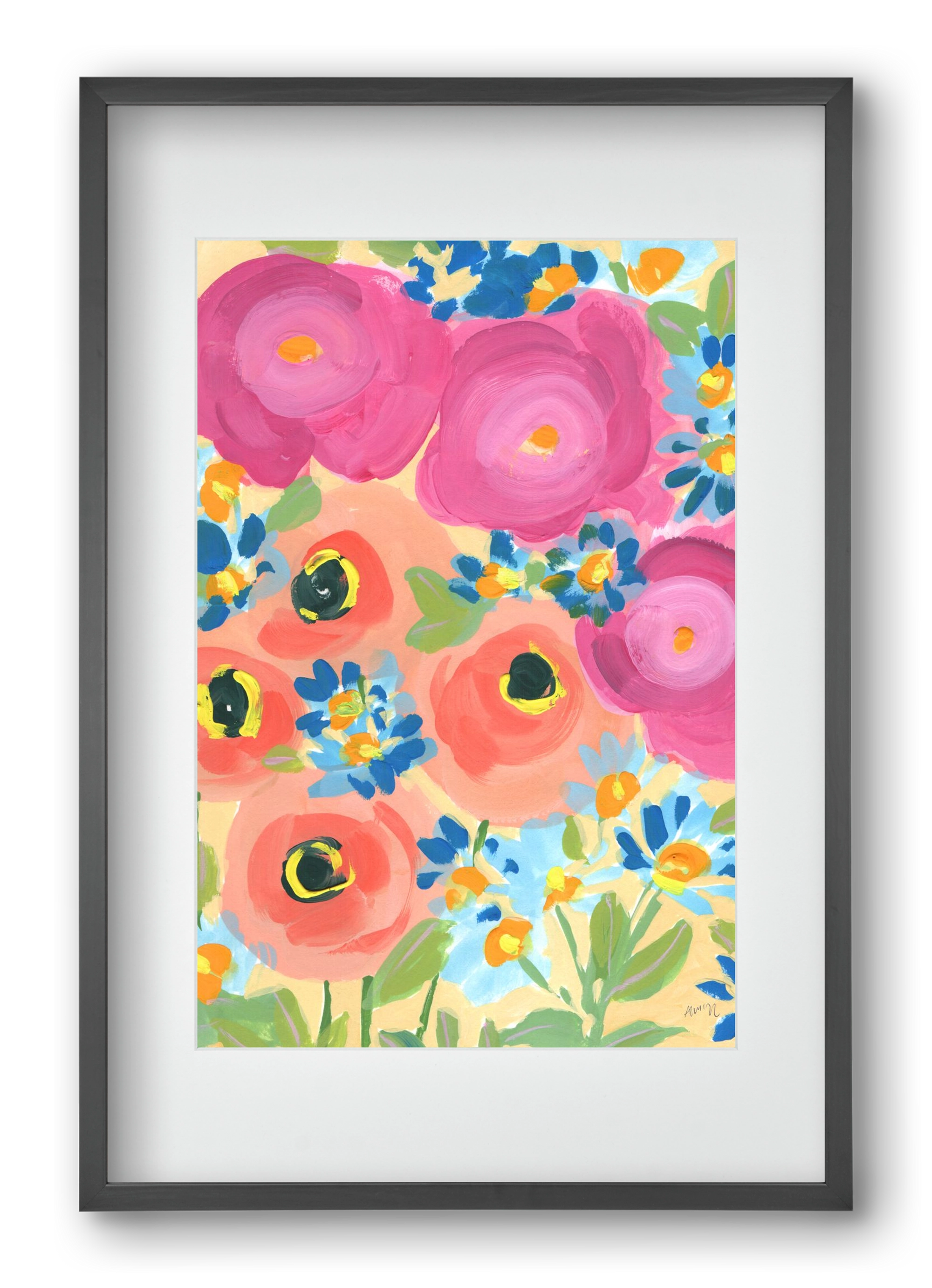 Pink Roses With Coral Anemones, 40x60 cm (30x45 cm), Fekete keret, paszpartuval