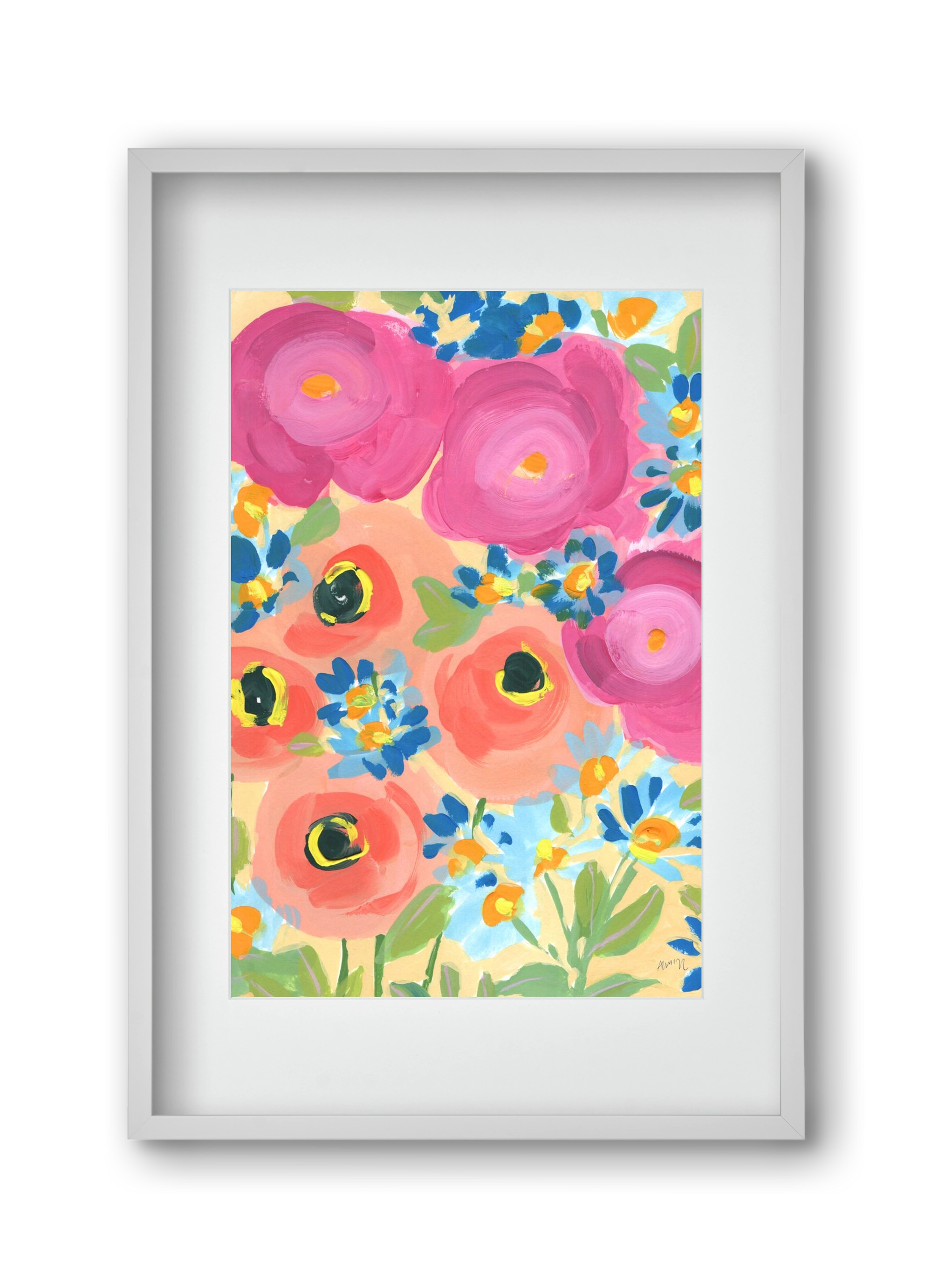 Pink Roses With Coral Anemones, 30x45 cm (20x30 cm), Fehér keret, paszpartuval