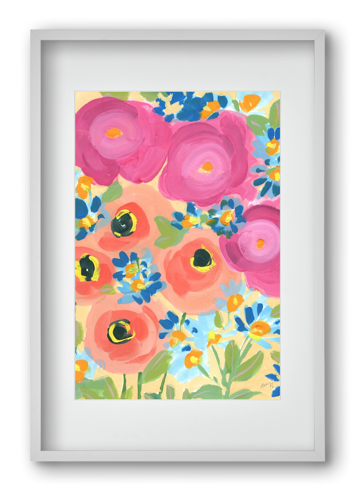 Pink Roses With Coral Anemones, 40x60 cm (30x45 cm), Fehér keret, paszpartuval