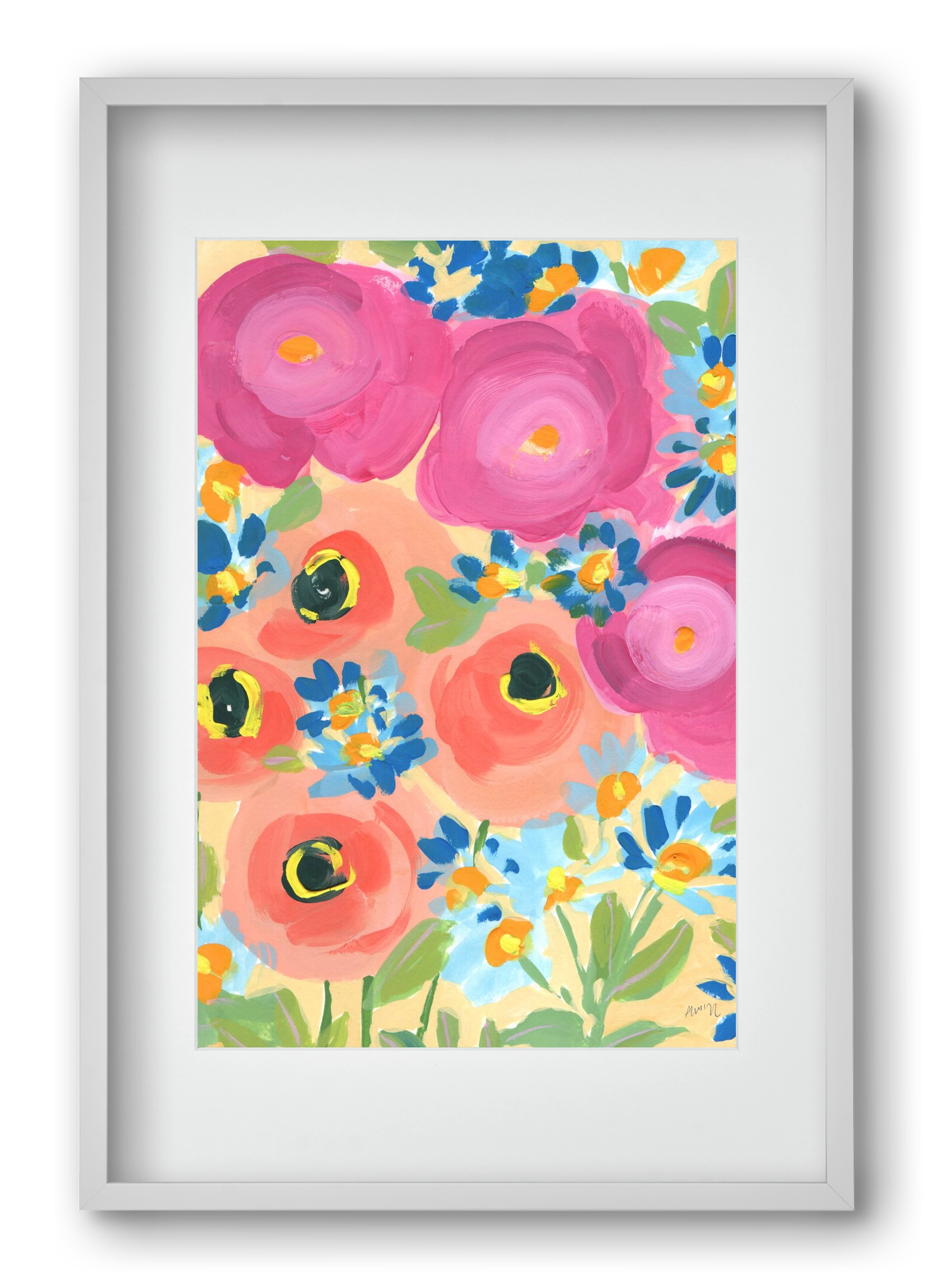 Pink Roses With Coral Anemones, 40x60 cm (30x45 cm), Fehér keret, paszpartuval
