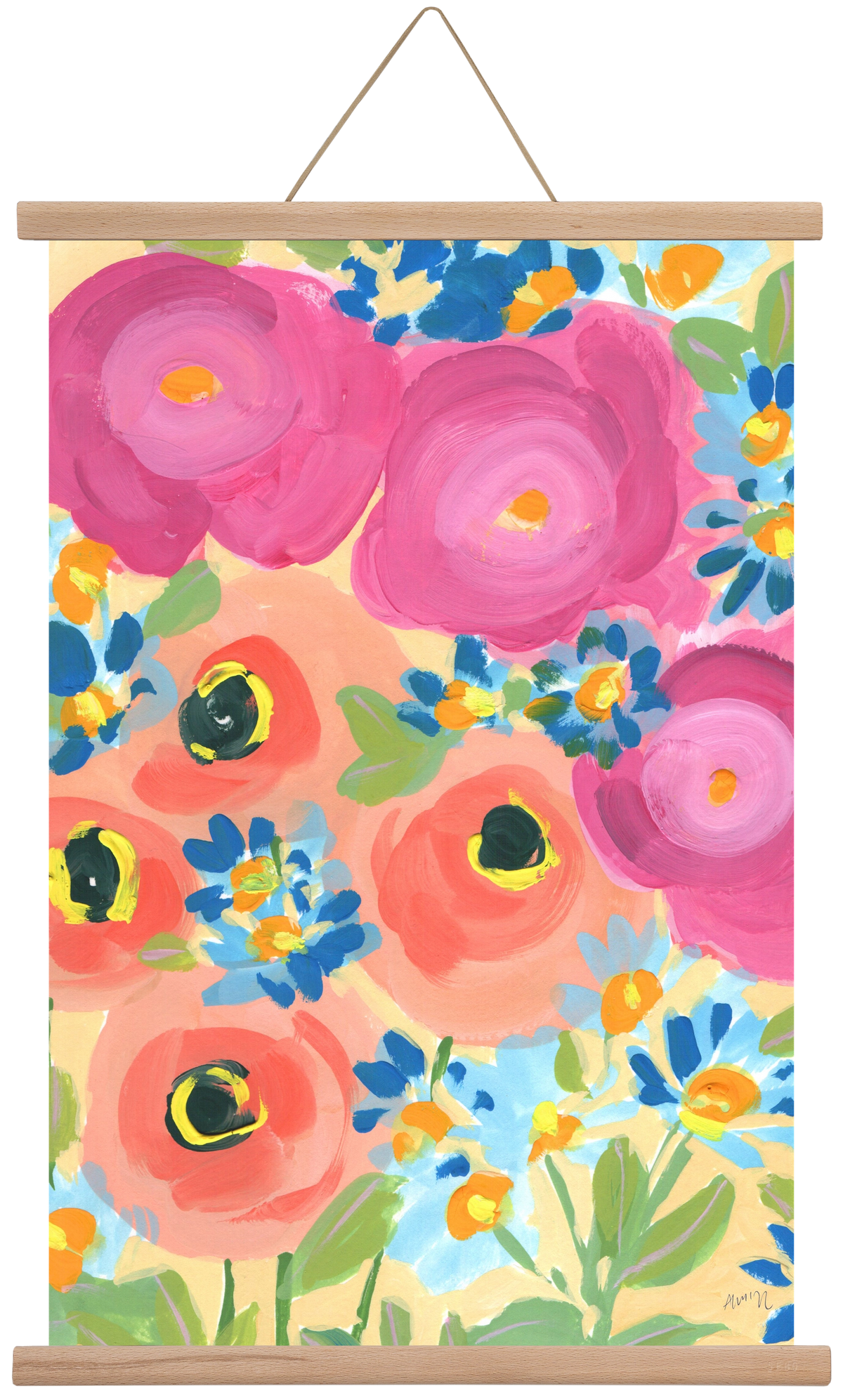 Pink Roses With Coral Anemones, 40x60 cm (40x60 cm), Tölgy akasztó