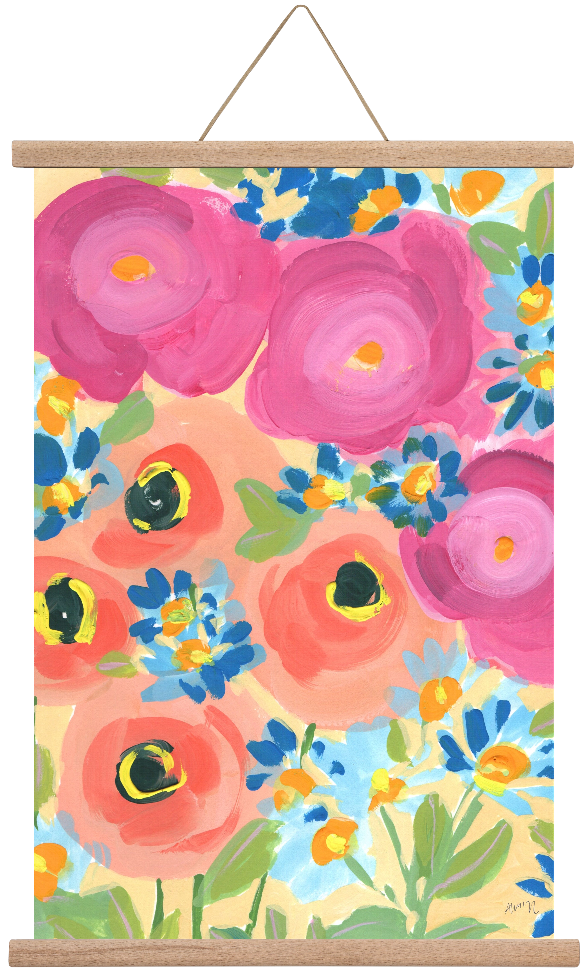 Pink Roses With Coral Anemones, 40x60 cm (40x60 cm), Tölgy akasztó