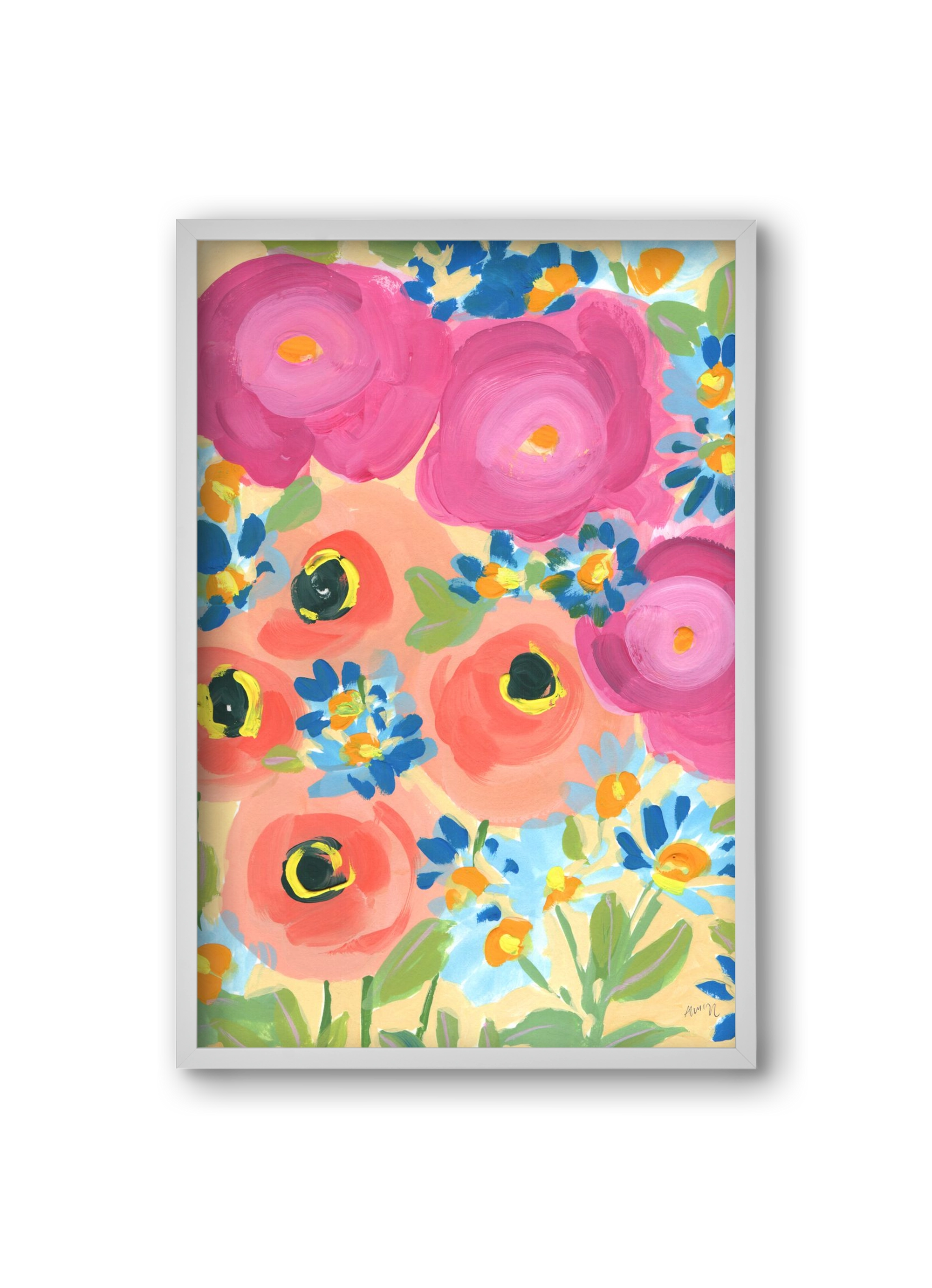 Pink Roses With Coral Anemones, 20x30 cm (20x30 cm), Fehér keret