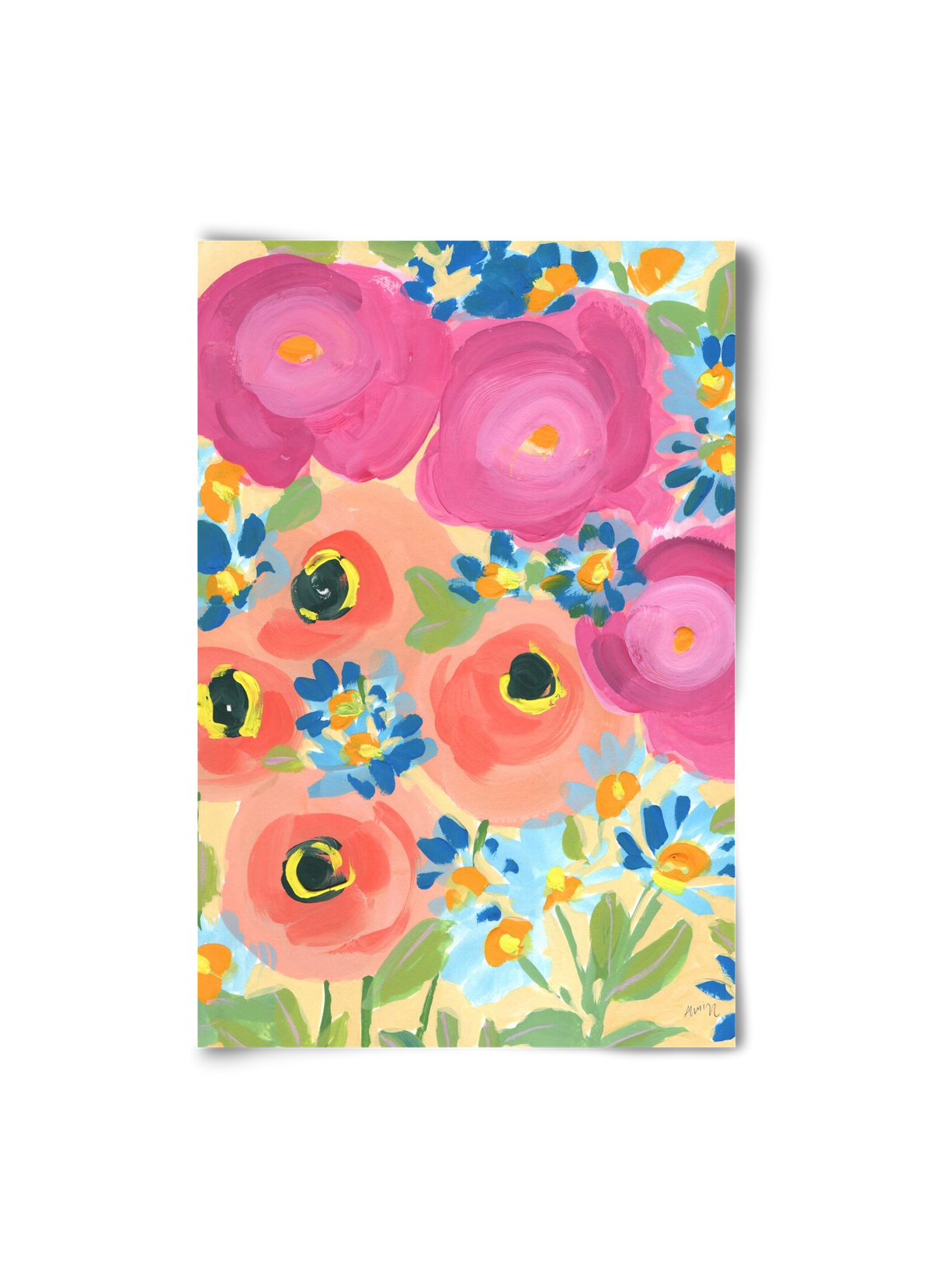 Pink Roses With Coral Anemones, 20x30 cm, Keret nélkül