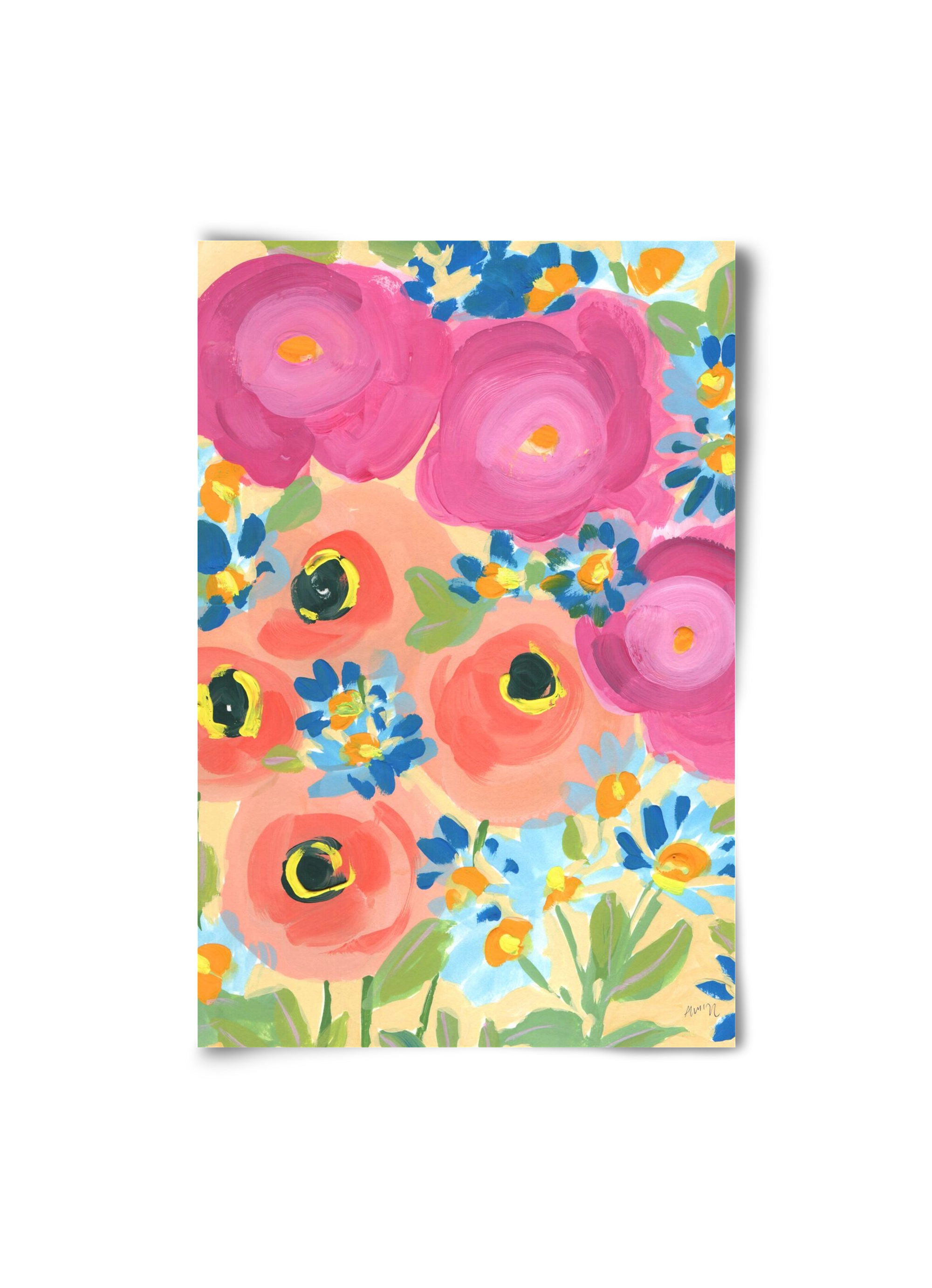 Pink Roses With Coral Anemones, 20x30 cm, Keret nélkül
