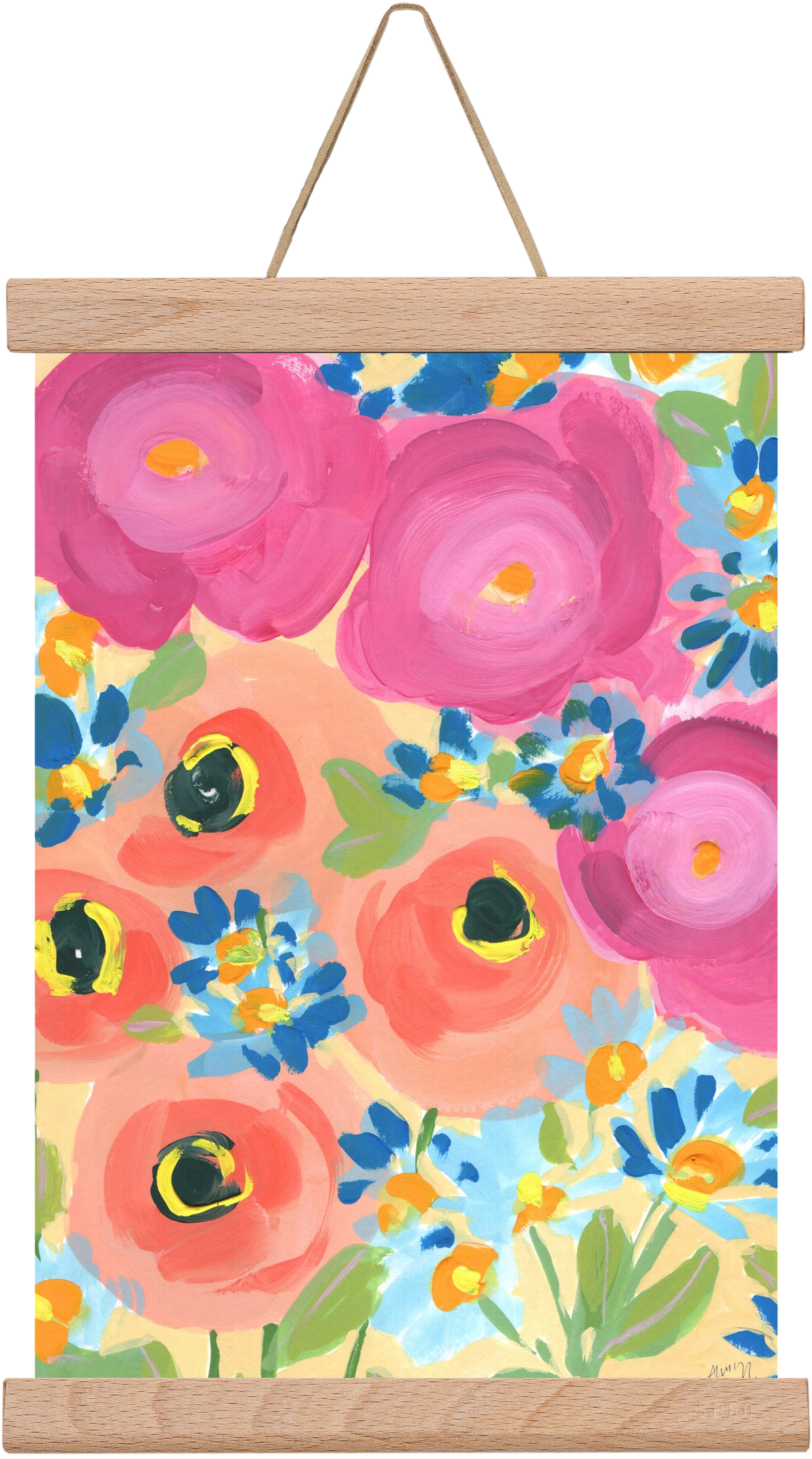 Pink Roses With Coral Anemones, 20x30 cm (20x30 cm), Tölgy akasztó