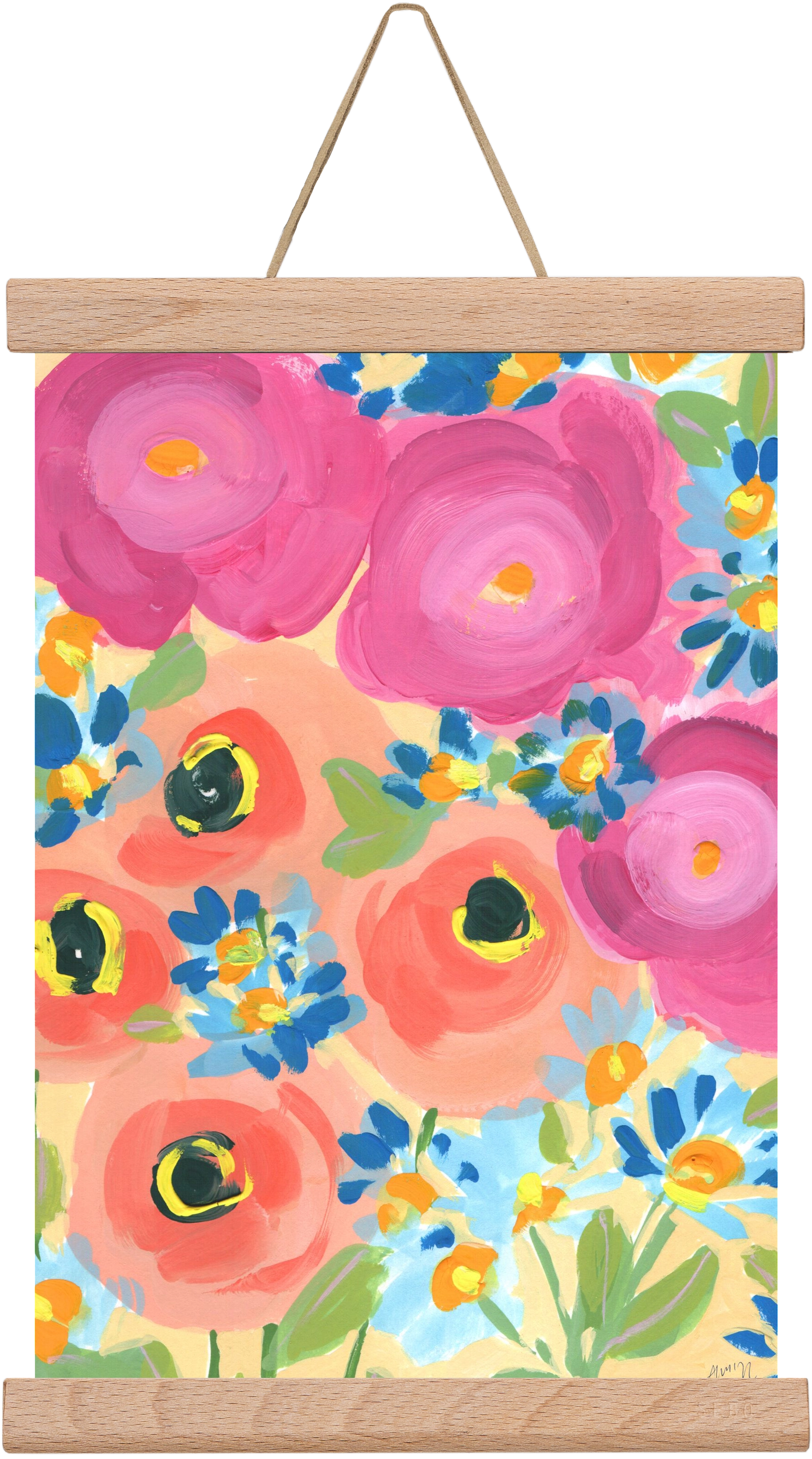 Pink Roses With Coral Anemones, 20x30 cm (20x30 cm), Tölgy akasztó