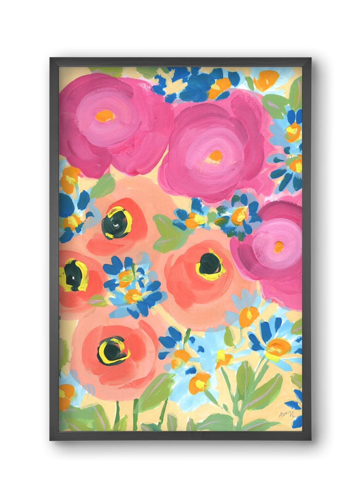 Pink Roses With Coral Anemones, 30x45 cm (30x45 cm), Fekete keret