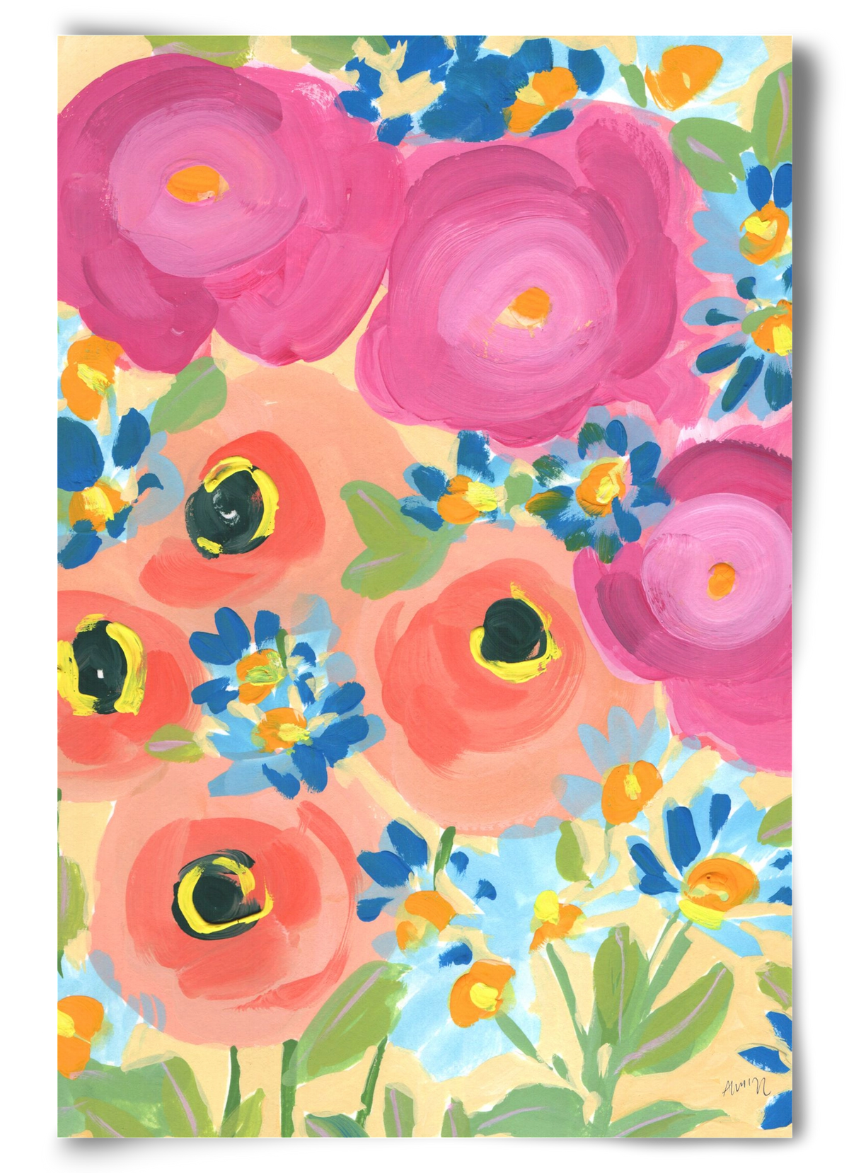 Pink Roses With Coral Anemones, 60x90 cm, Keret nélkül