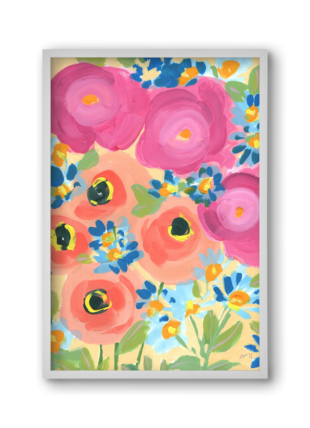 Pink Roses With Coral Anemones, 30x45 cm (30x45 cm), Fehér keret