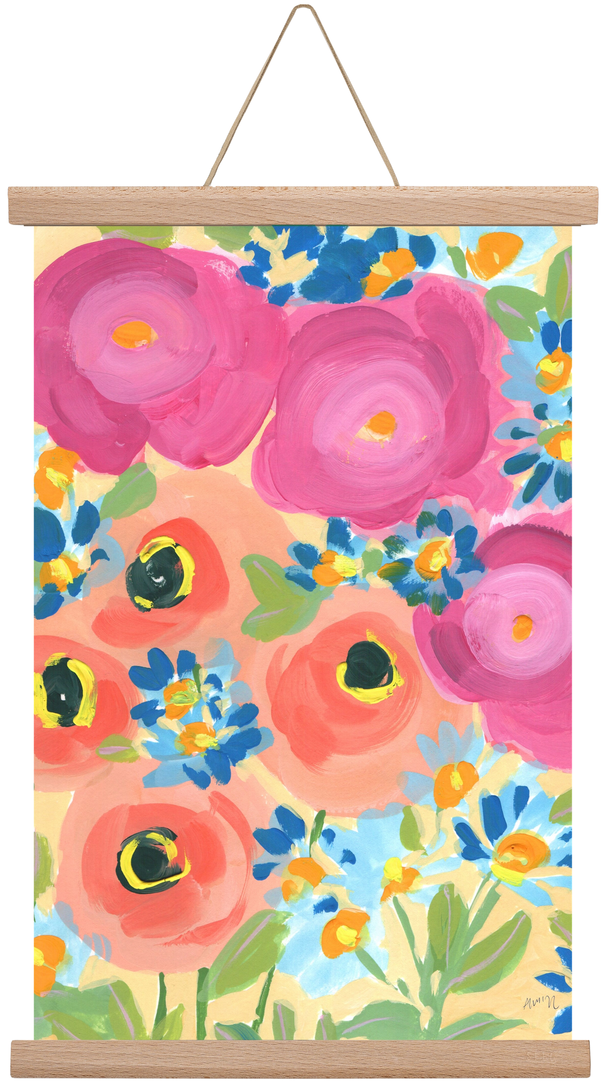 Pink Roses With Coral Anemones, 30x45 cm (30x45 cm), Tölgy akasztó