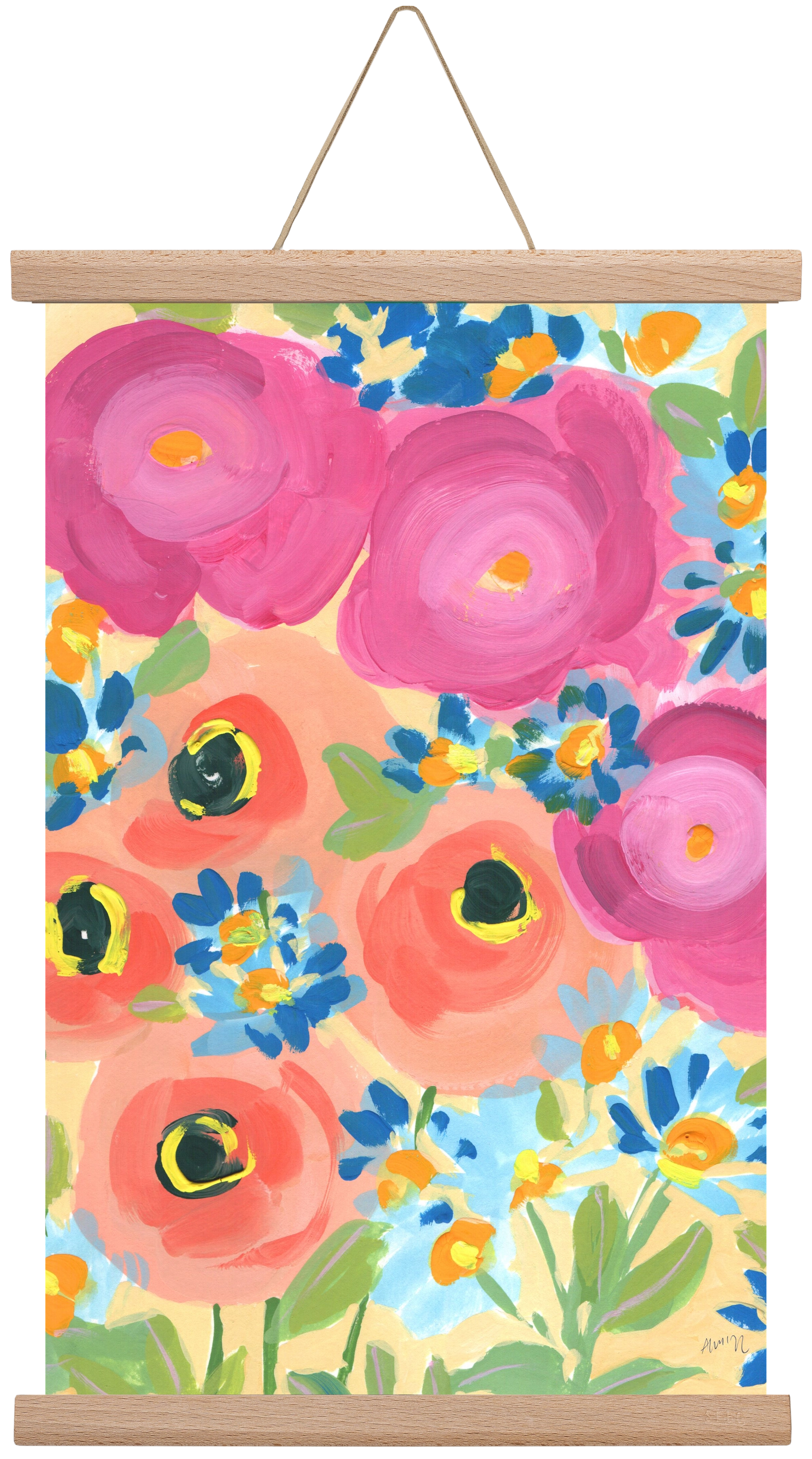 Pink Roses With Coral Anemones, 30x45 cm (30x45 cm), Tölgy akasztó