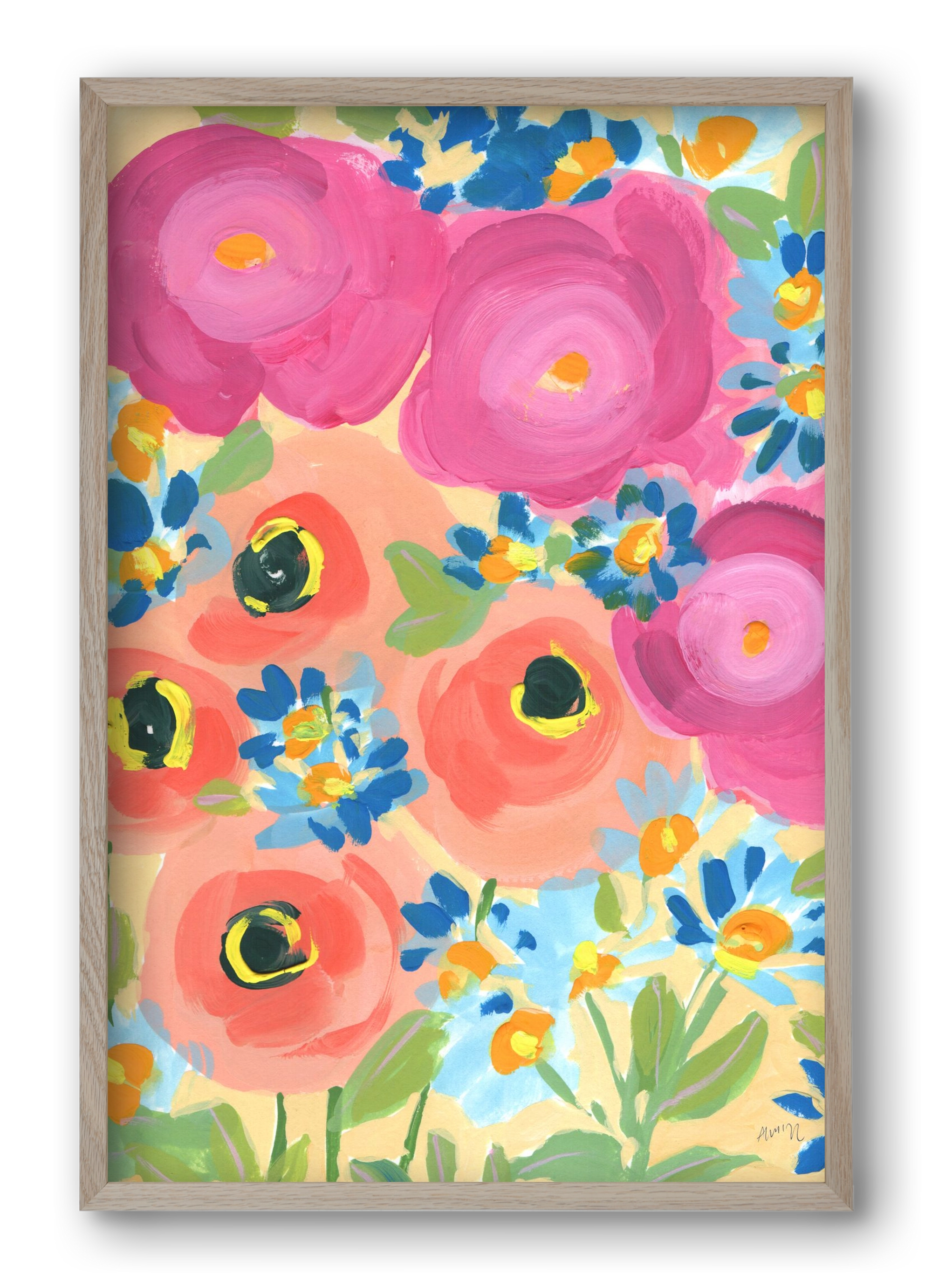 Pink Roses With Coral Anemones, 40x60 cm (40x60 cm), Tölgy keret