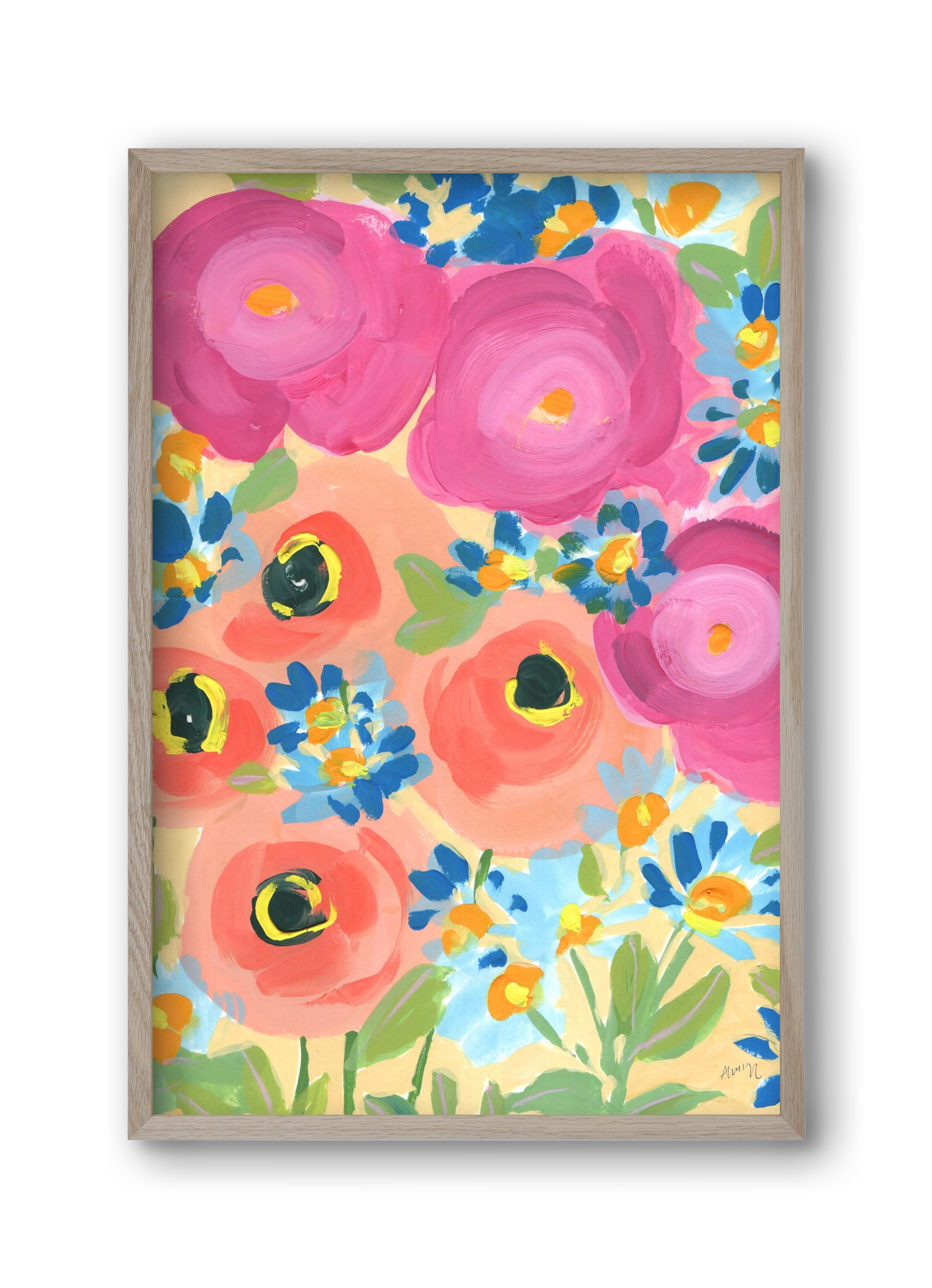 Pink Roses With Coral Anemones, 30x45 cm (30x45 cm), Tölgy keret