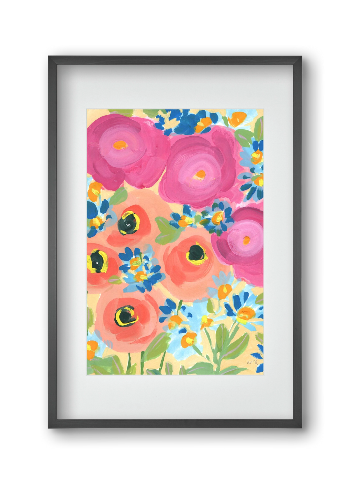 Pink Roses With Coral Anemones, 30x45 cm (20x30 cm), Fekete keret, paszpartuval