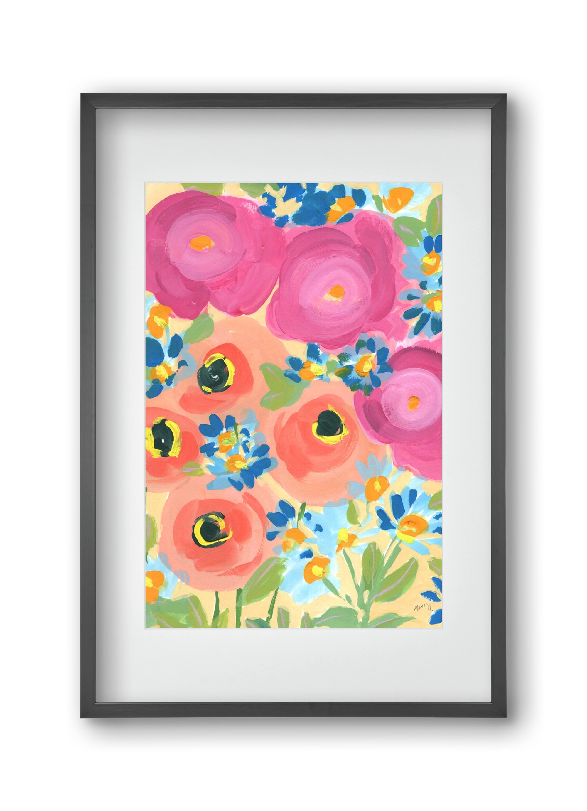 Pink Roses With Coral Anemones, 30x45 cm (20x30 cm), Fekete keret, paszpartuval