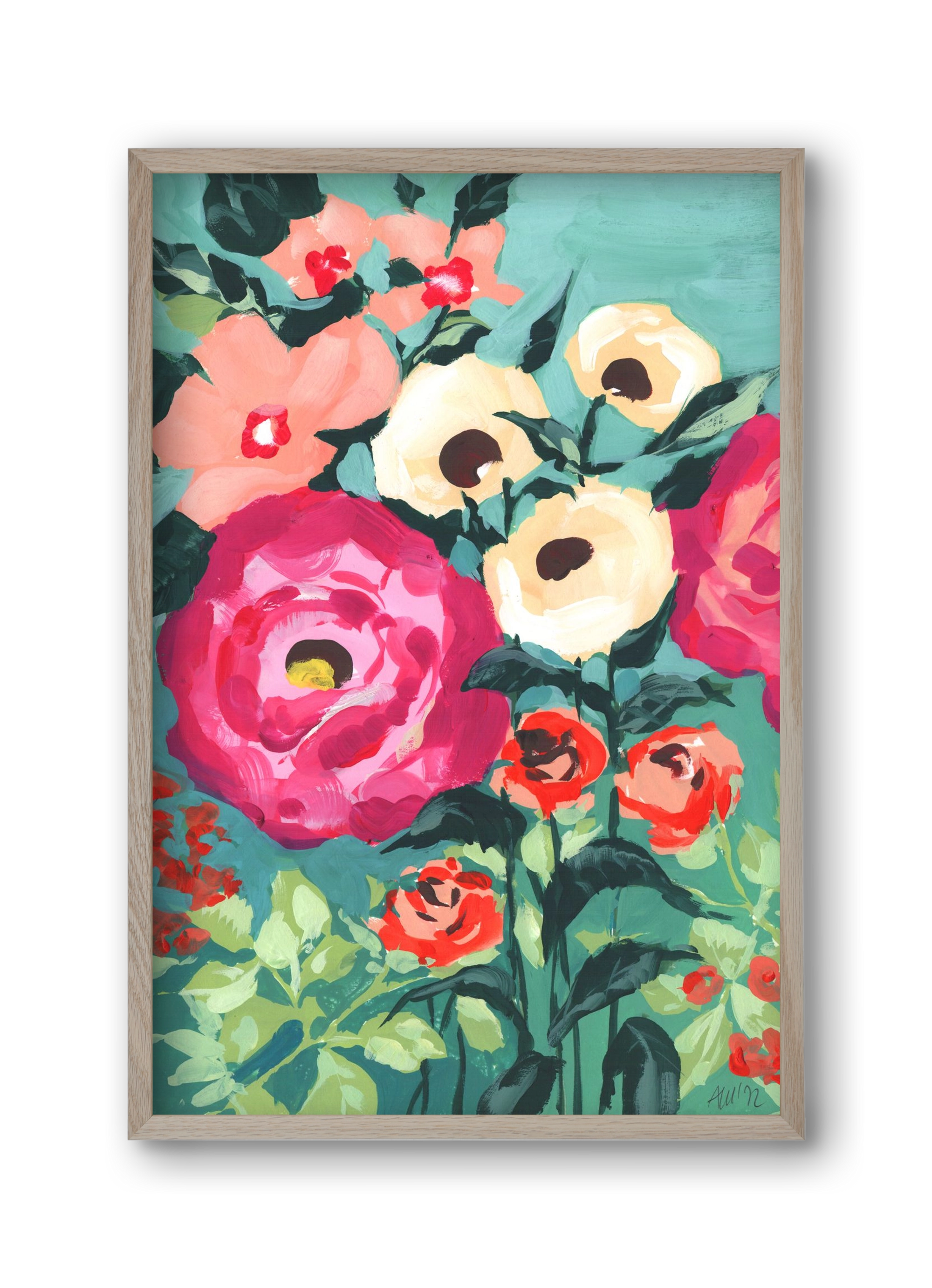 Viva Magenta Peonies, 30x45 cm (30x45 cm), Tölgy keret