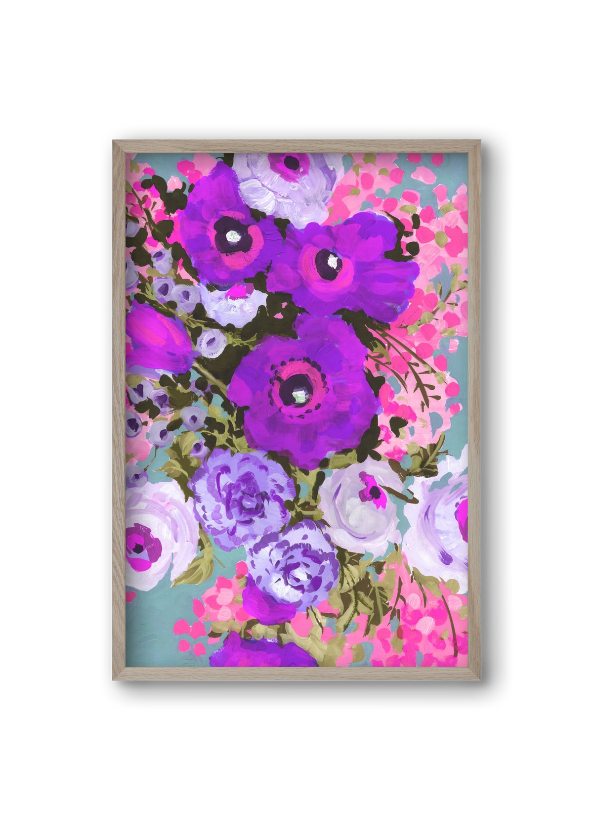 Purple And Rose Pink Bouqe, 20x30 cm (20x30 cm), Tölgy keret