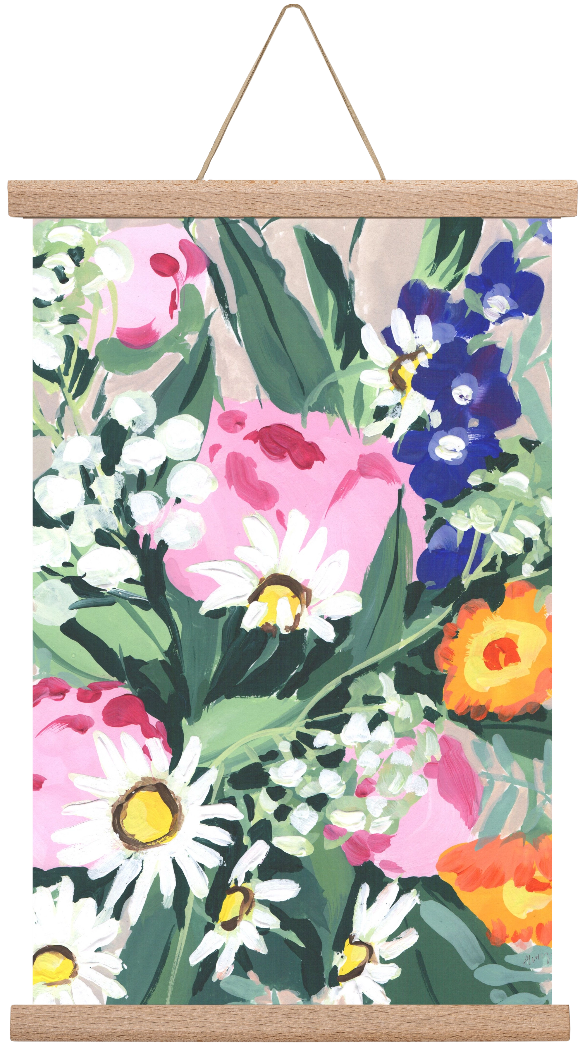 Daisies On Green Grass, 30x45 cm (30x45 cm), Tölgy akasztó