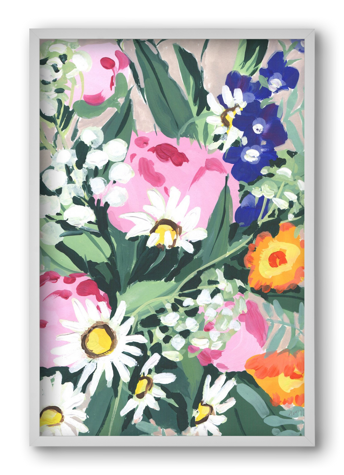 Daisies On Green Grass, 40x60 cm (40x60 cm), Fehér keret