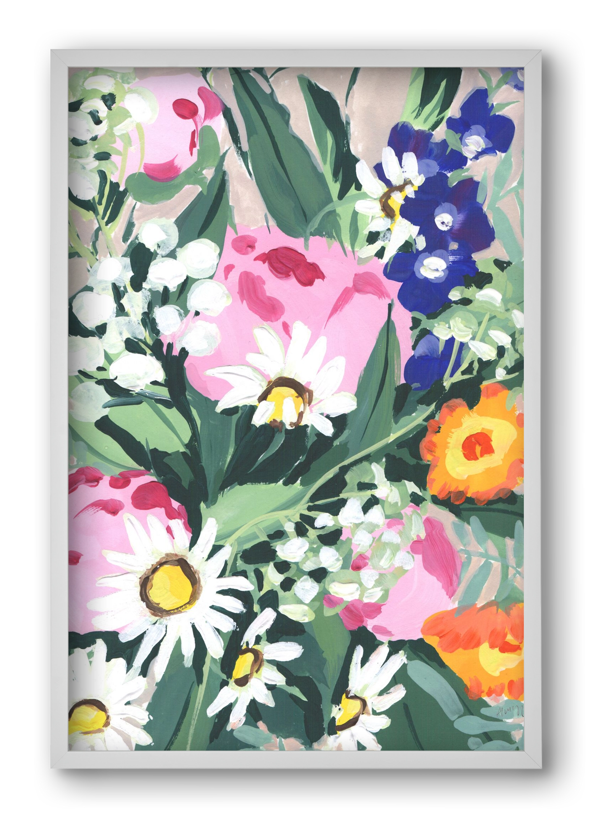 Daisies On Green Grass, 40x60 cm (40x60 cm), Fehér keret