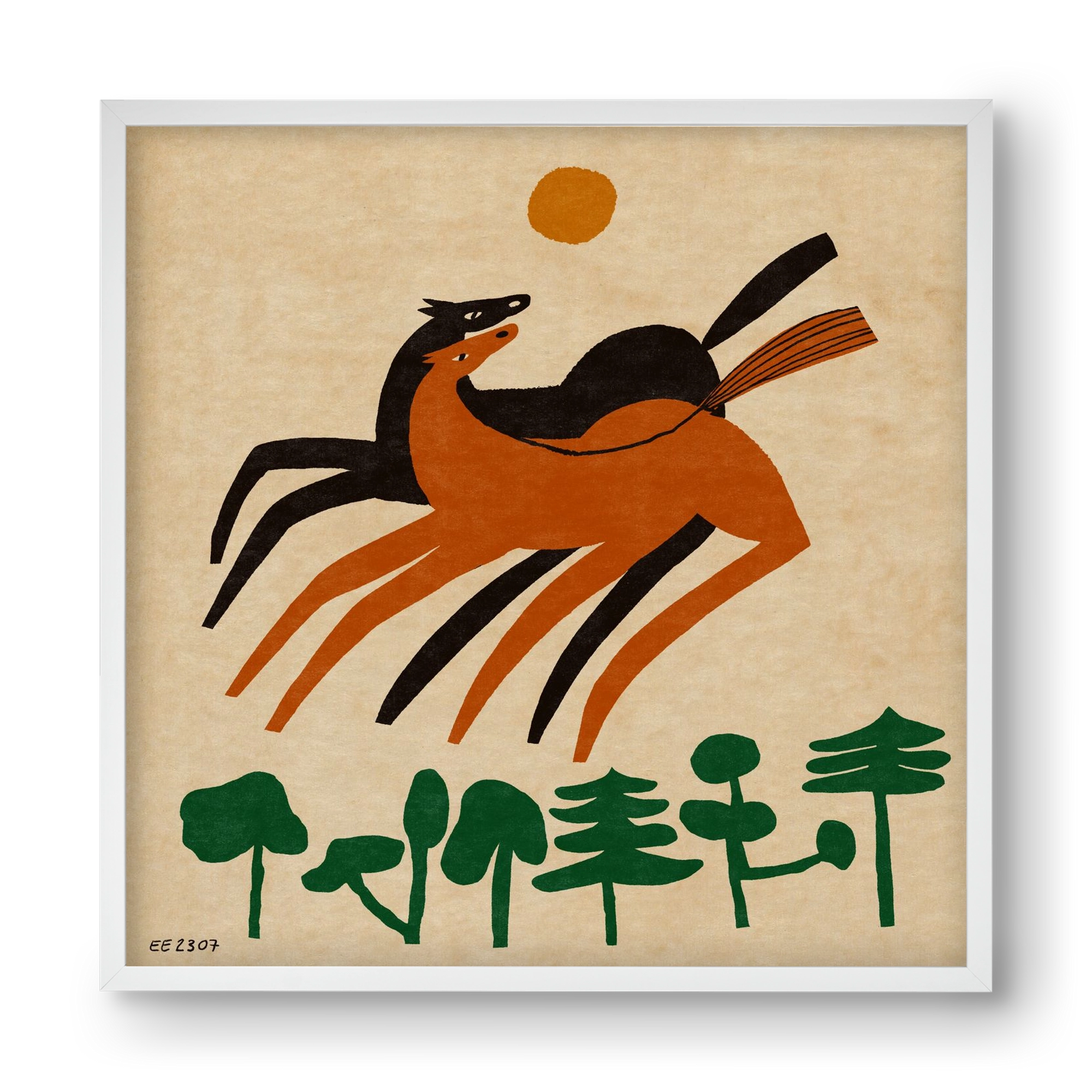 Horses in the woods , 40x40 cm (40x40 cm), Fehér keret