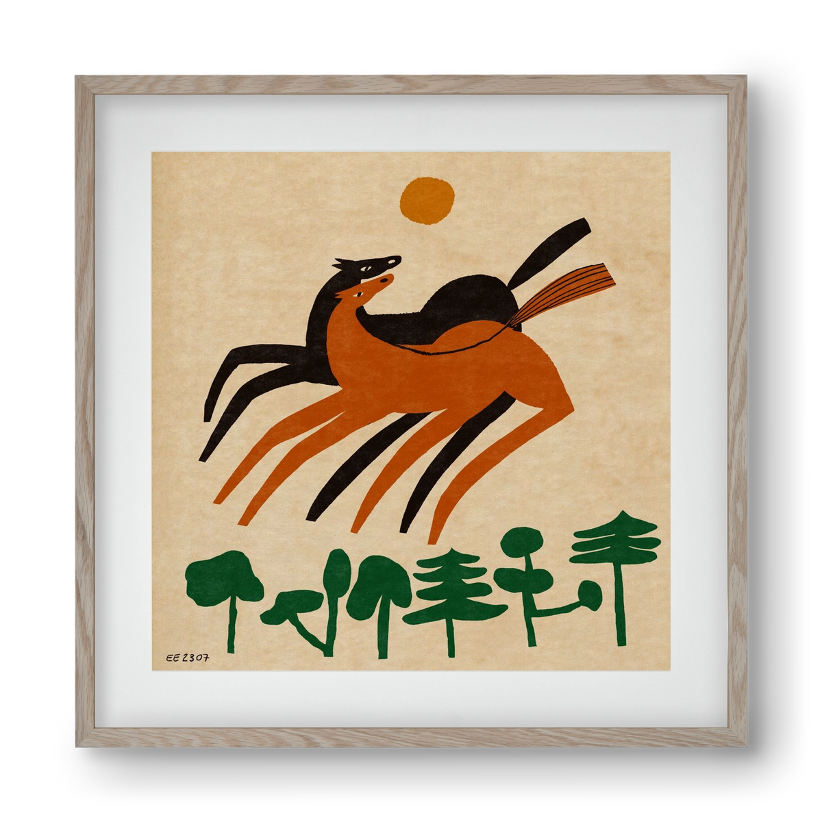 Horses in the woods , 40x40 cm (30x30 cm), Tölgy keret, paszpartuval