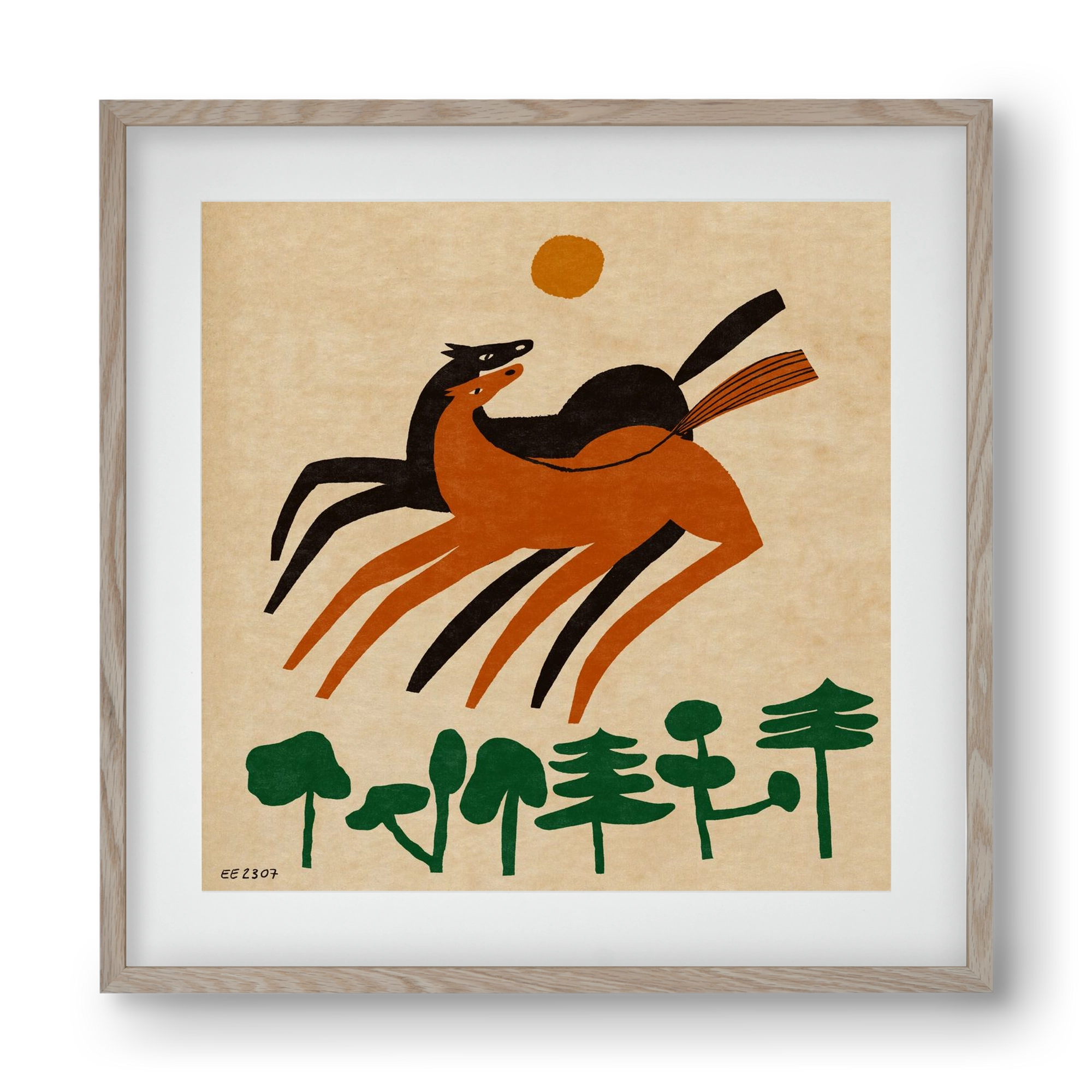 Horses in the woods , 40x40 cm (30x30 cm), Tölgy keret, paszpartuval