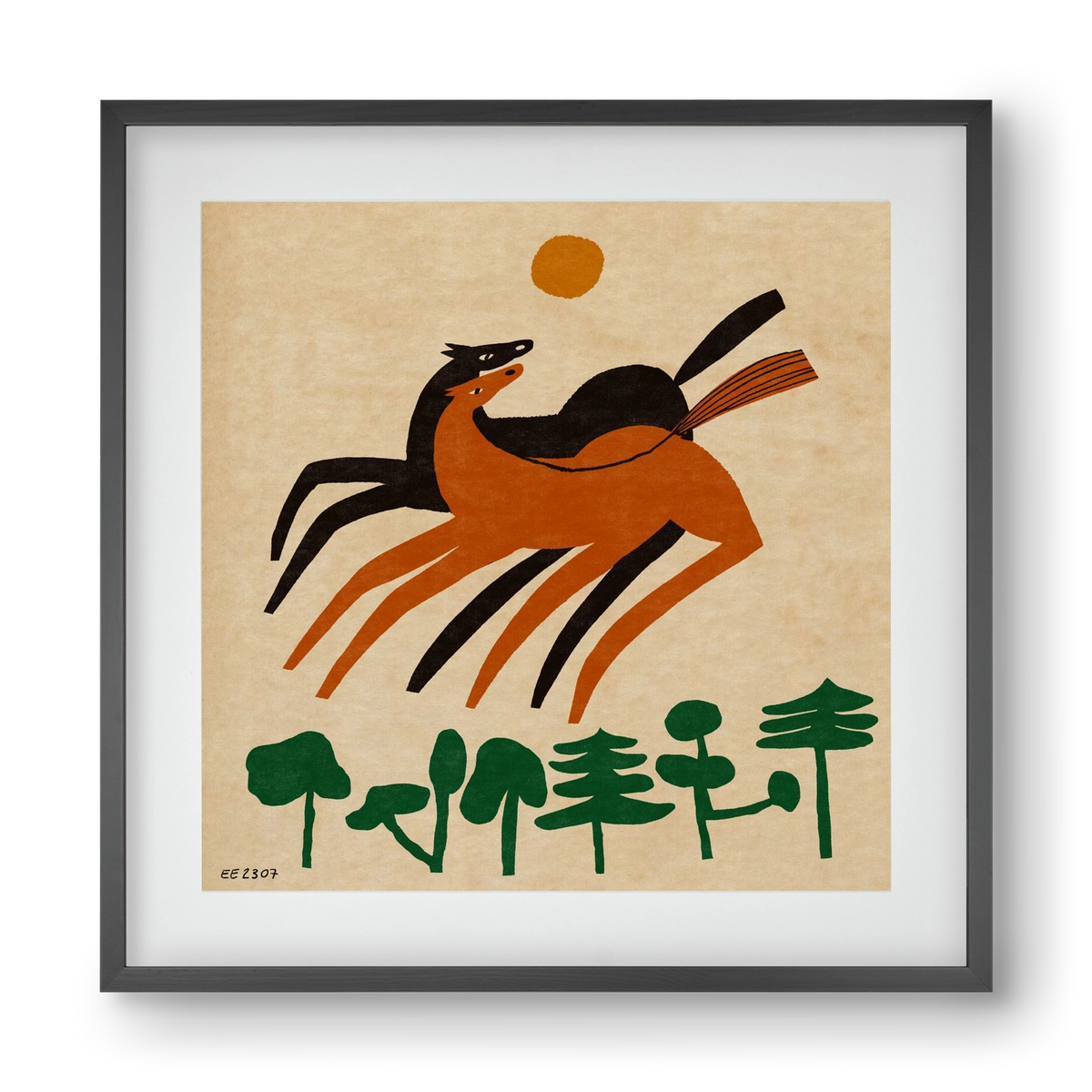 Horses in the woods , 40x40 cm (30x30 cm), Fekete keret, paszpartuval