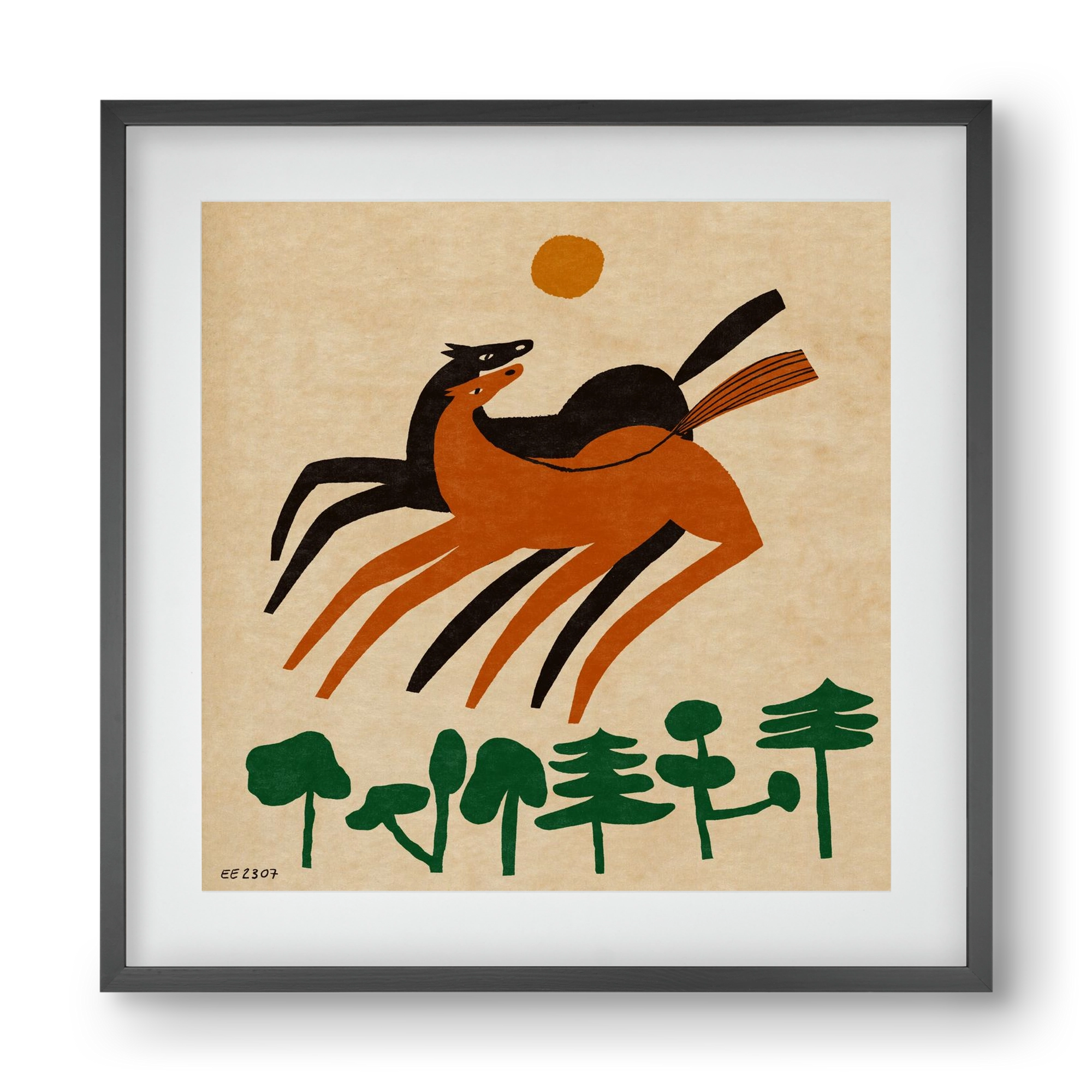 Horses in the woods , 40x40 cm (30x30 cm), Fekete keret, paszpartuval