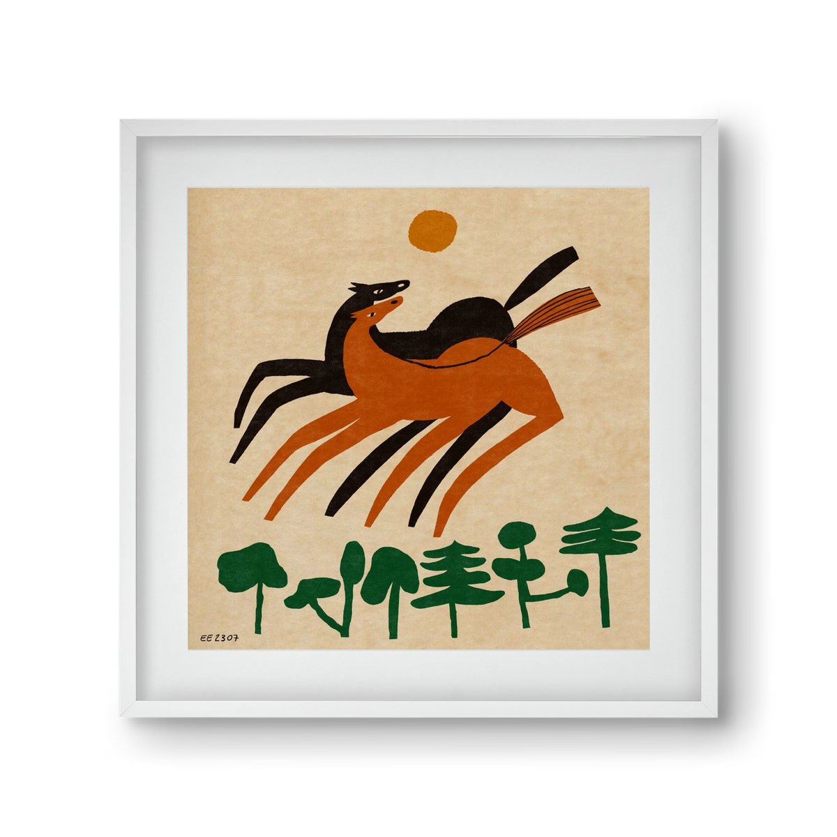 Horses in the woods , 30x30 cm (20x20 cm), Fehér keret, paszpartuval