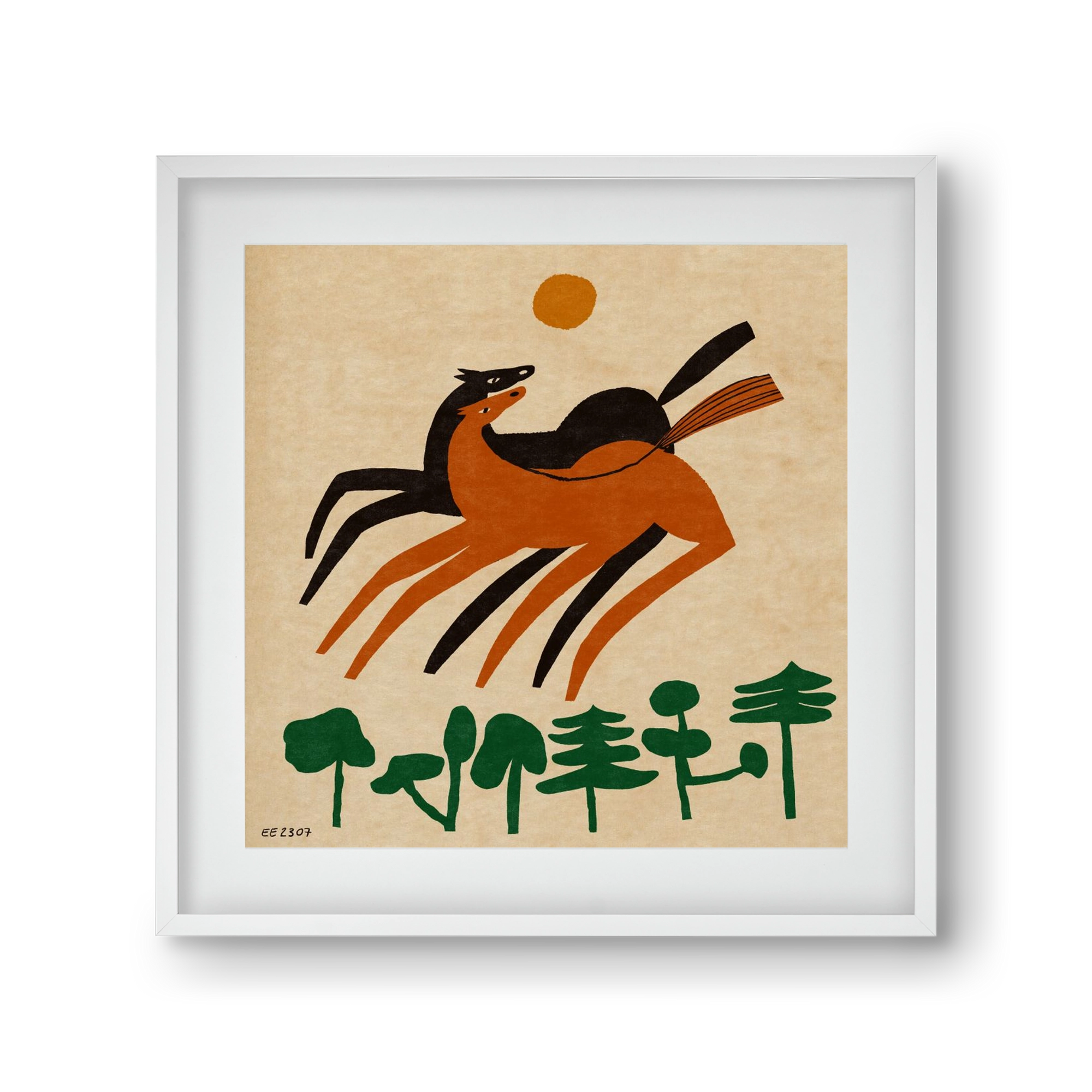 Horses in the woods , 30x30 cm (20x20 cm), Fehér keret, paszpartuval