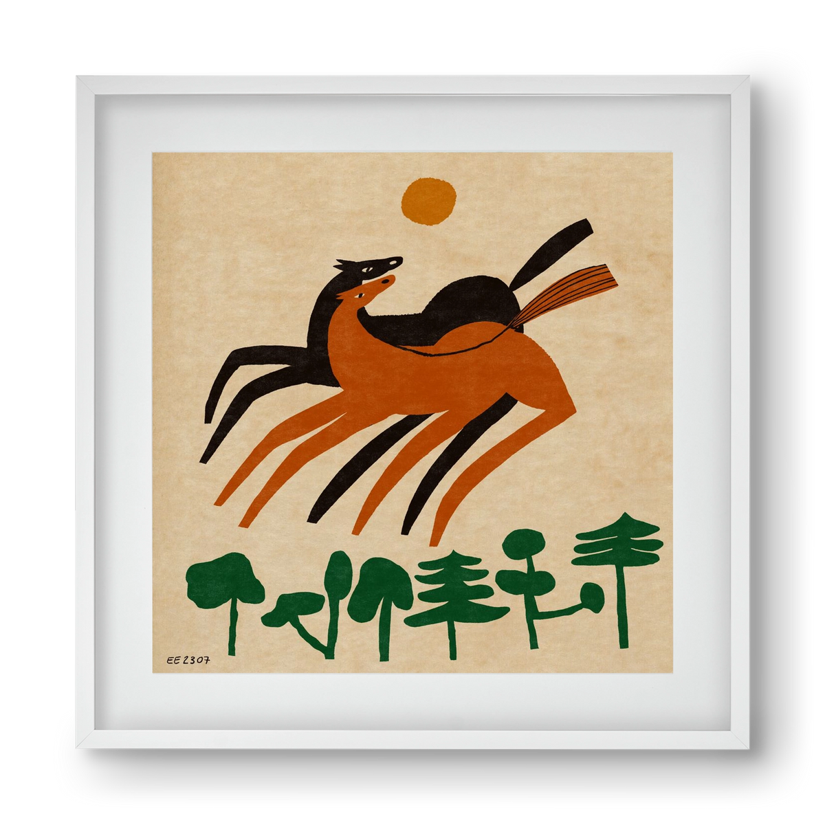 Horses in the woods , 40x40 cm (30x30 cm), Fehér keret, paszpartuval