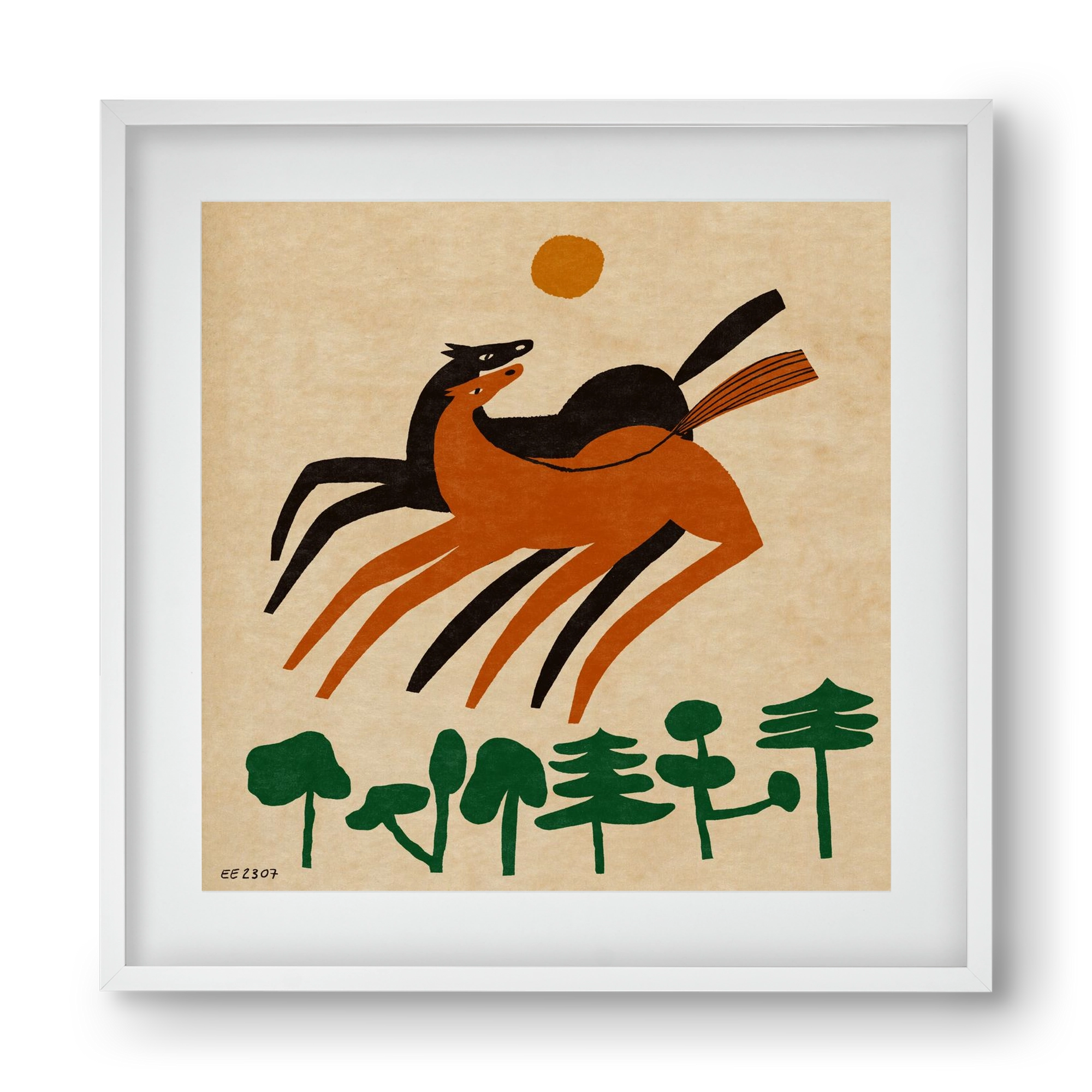 Horses in the woods , 40x40 cm (30x30 cm), Fehér keret, paszpartuval