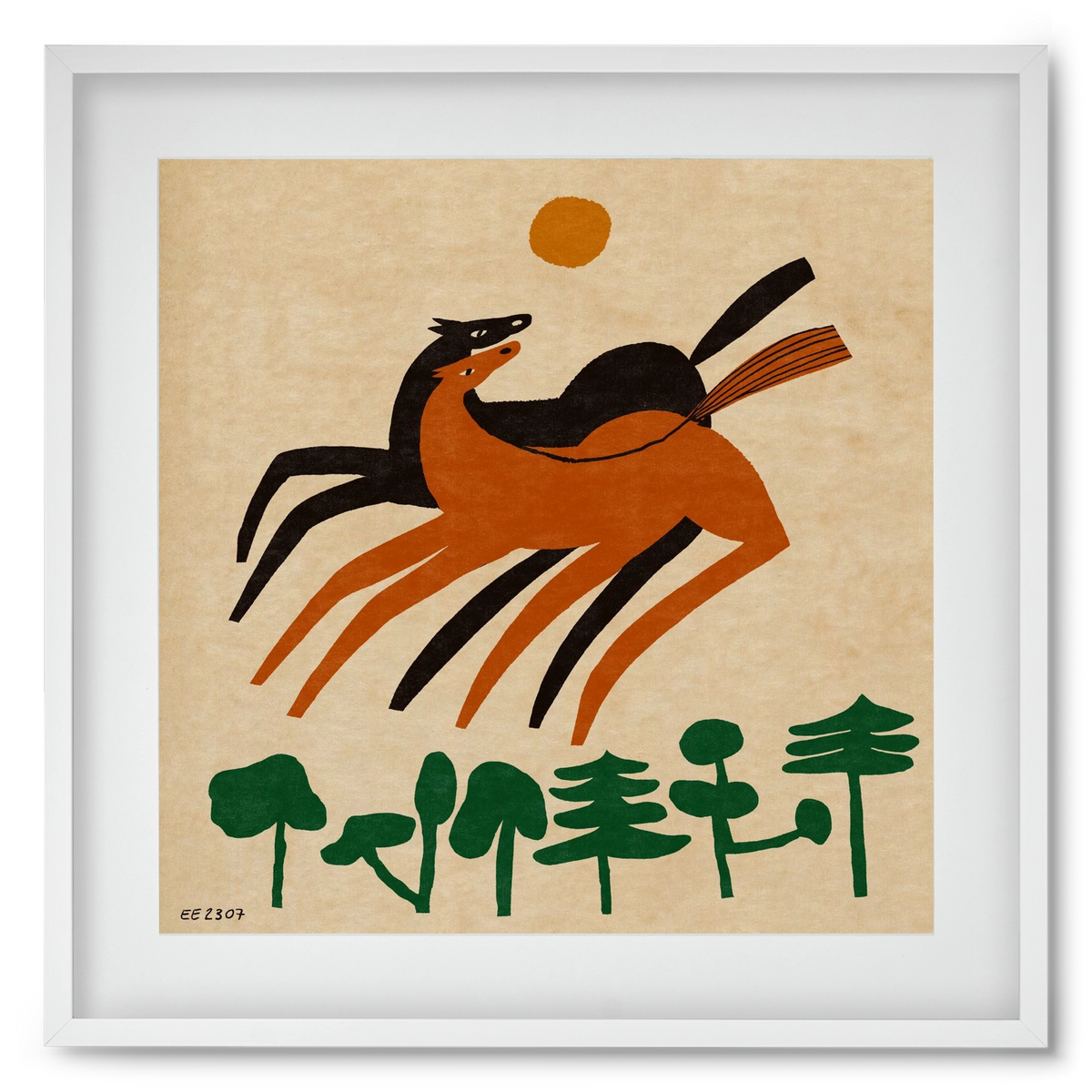 Horses in the woods , 50x50 cm (40x40 cm), Fehér keret, paszpartuval