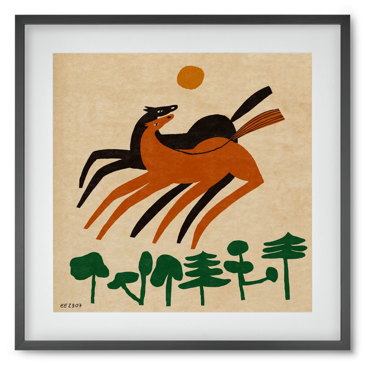 Horses in the woods , 50x50 cm (40x40 cm), Fekete keret, paszpartuval