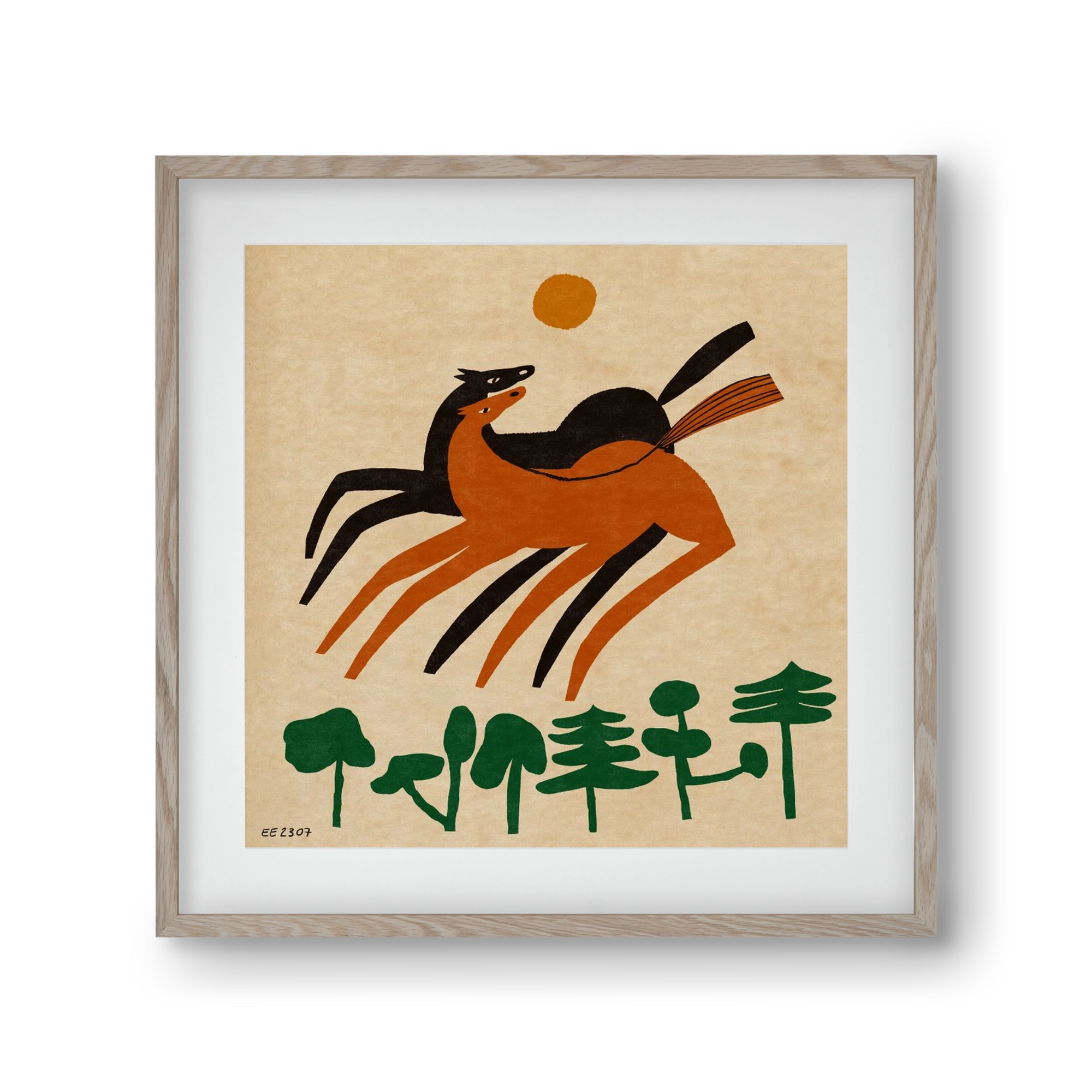 Horses in the woods , 30x30 cm (20x20 cm), Tölgy keret, paszpartuval