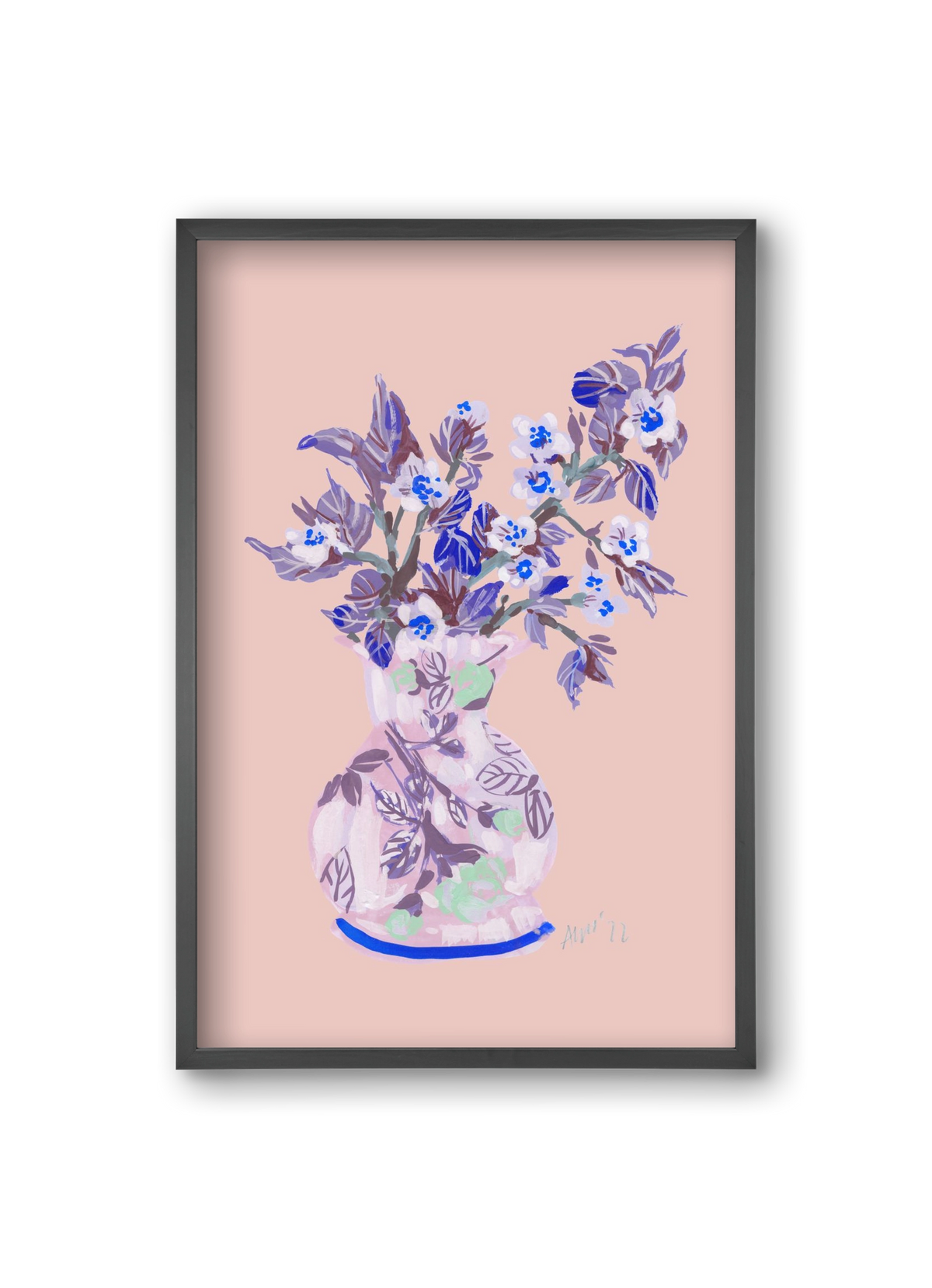 Apple Blossom In Vase- coral, 20x30 cm (20x30 cm), Fekete keret