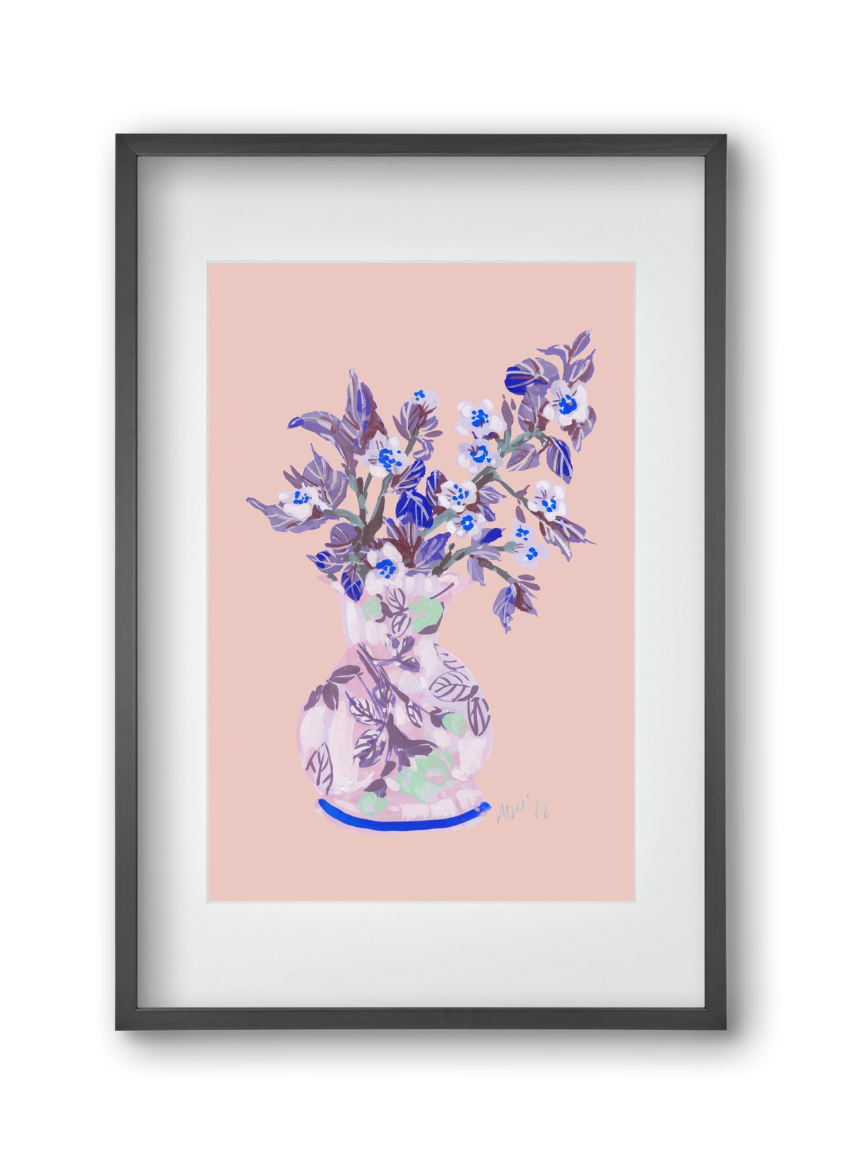 Apple Blossom In Vase- coral, 30x45 cm (20x30 cm), Fekete keret, paszpartuval