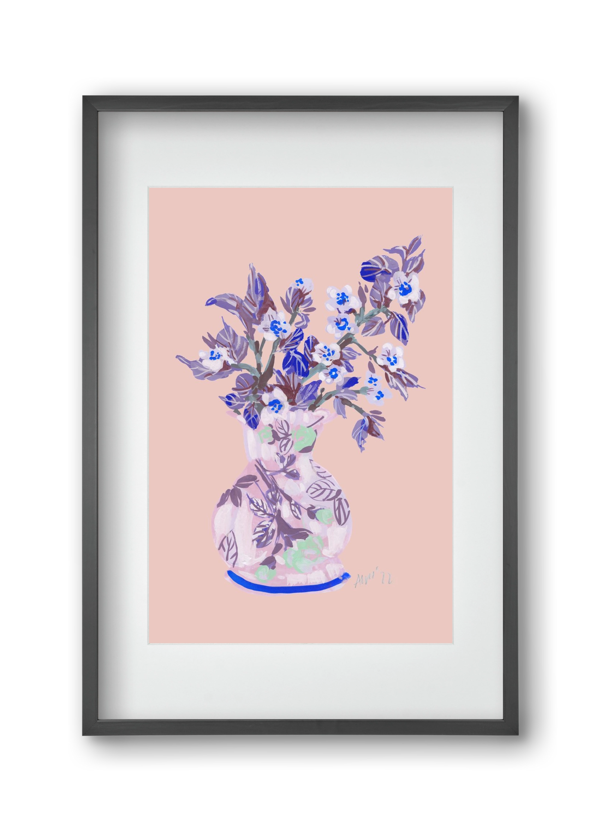 Apple Blossom In Vase- coral, 30x45 cm (20x30 cm), Fekete keret, paszpartuval