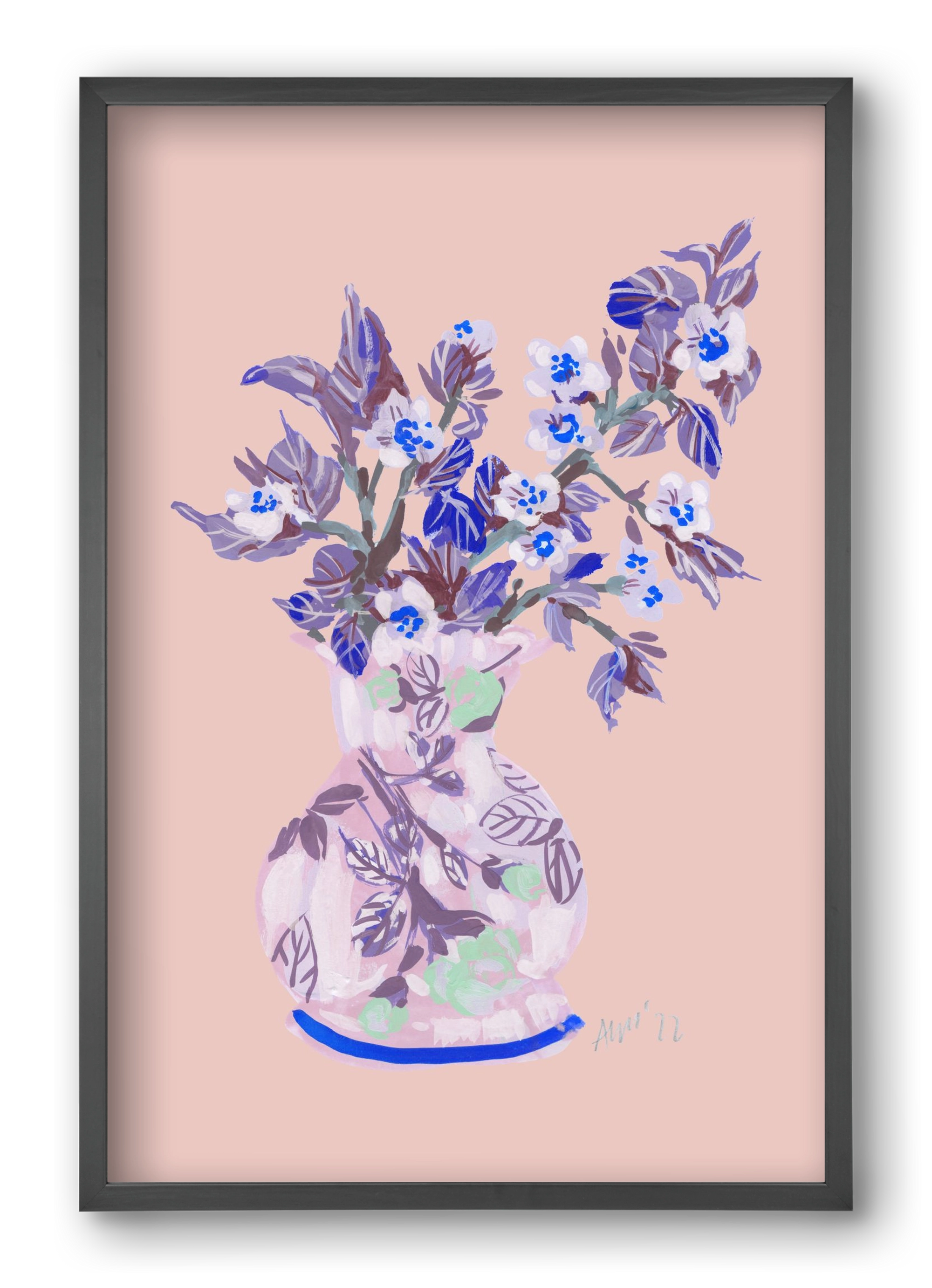 Apple Blossom In Vase- coral, 40x60 cm (40x60 cm), Fekete keret