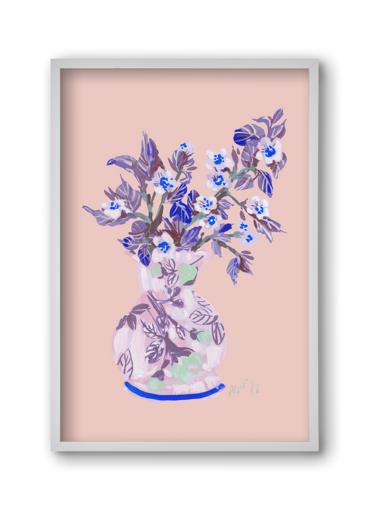 Apple Blossom In Vase- coral, 30x45 cm (30x45 cm), Fehér keret