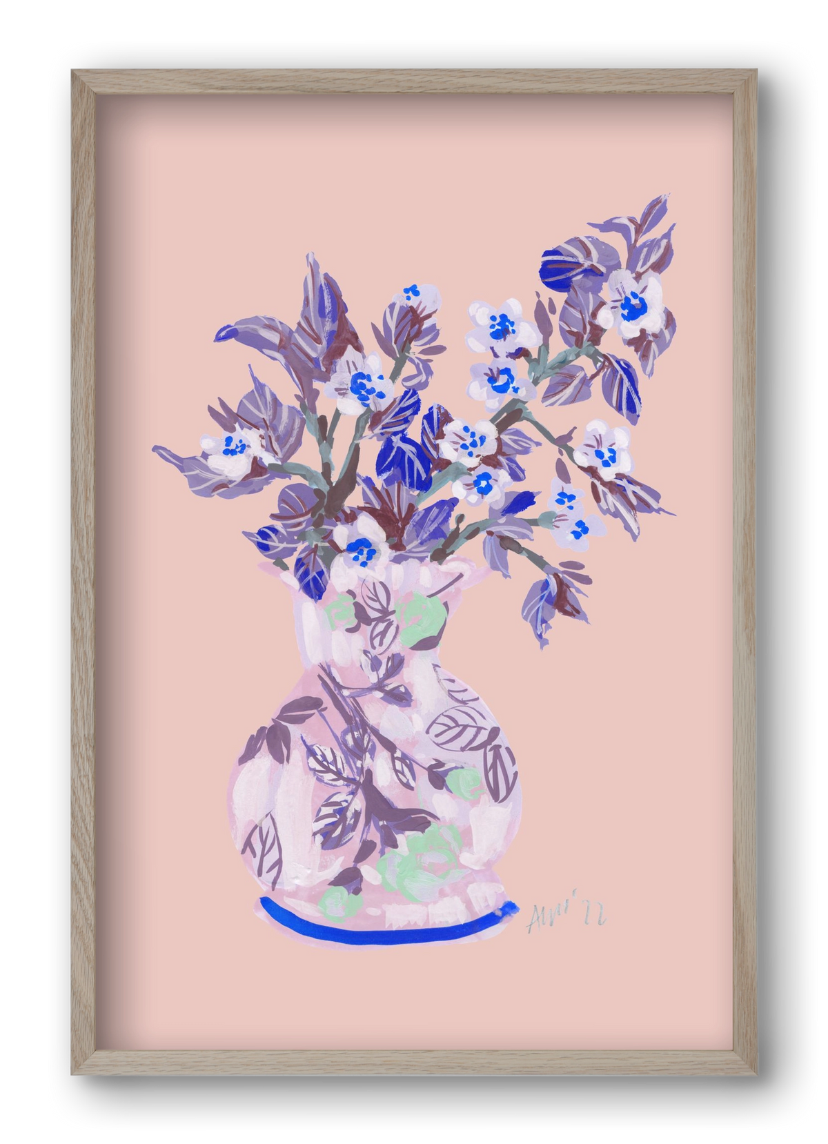 Apple Blossom In Vase- coral, 40x60 cm (40x60 cm), Tölgy keret