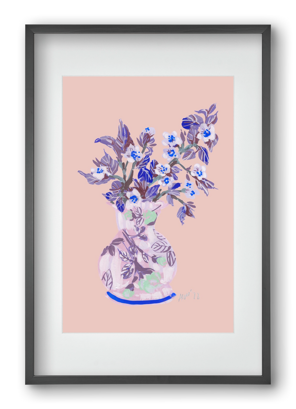 Apple Blossom In Vase- coral, 40x60 cm (30x45 cm), Fekete keret, paszpartuval