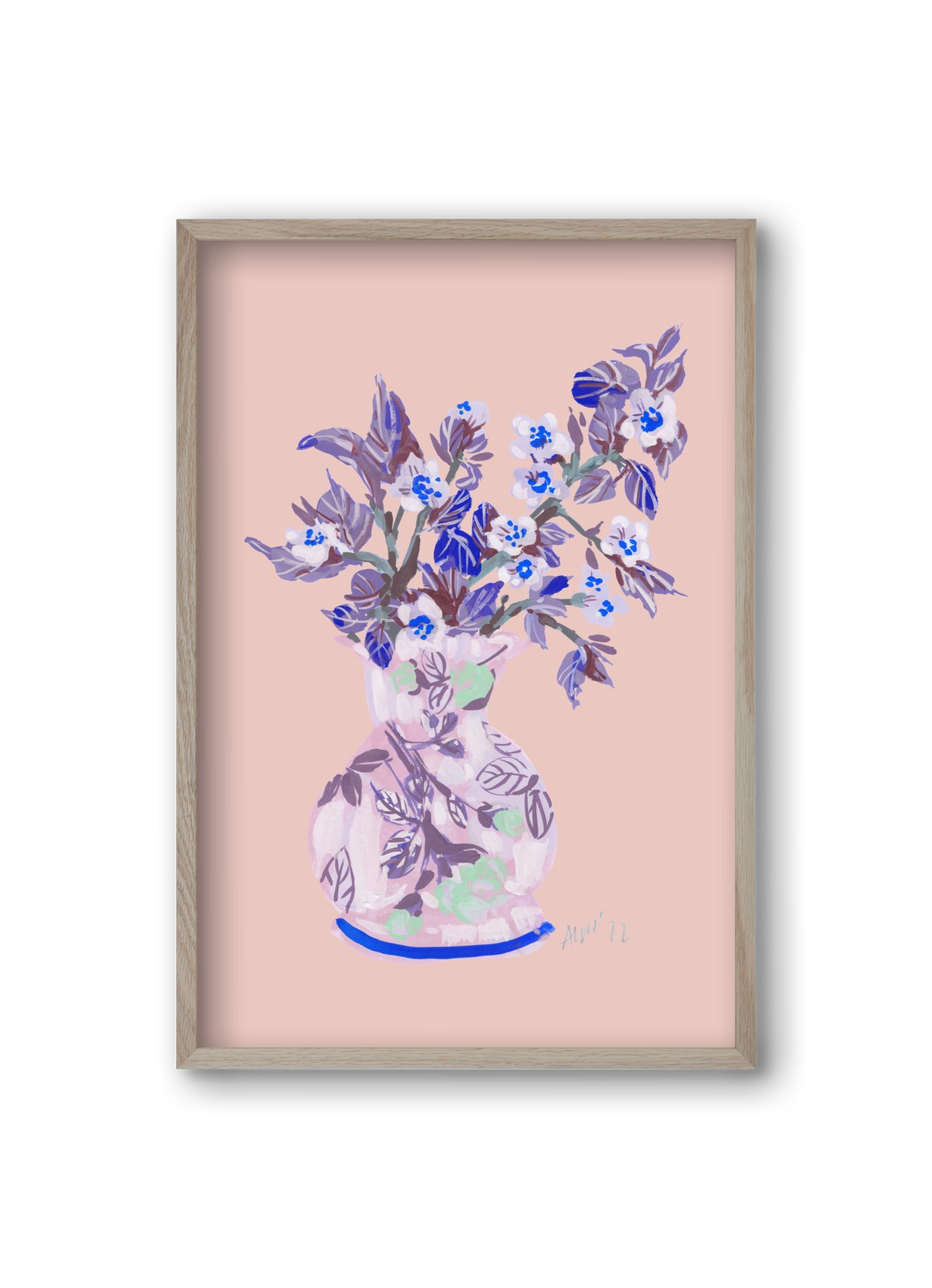 Apple Blossom In Vase- coral, 20x30 cm (20x30 cm), Tölgy keret