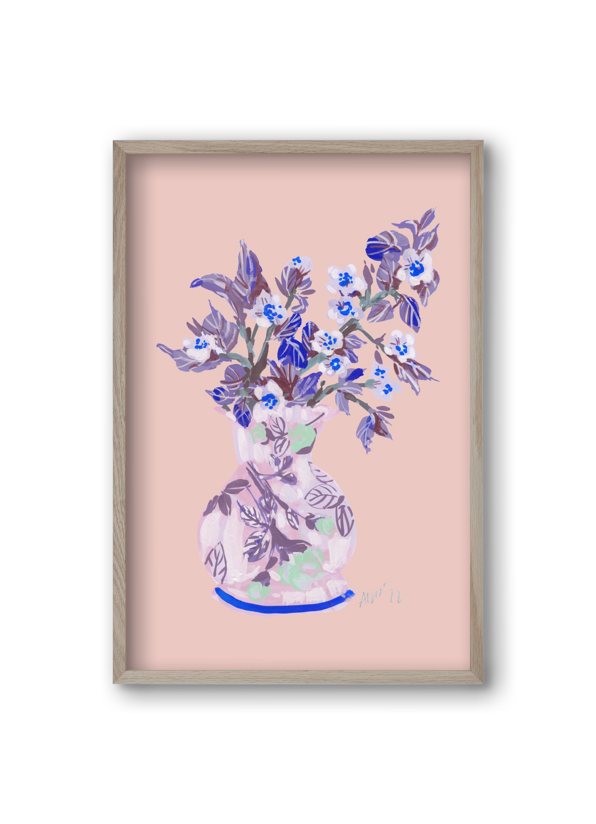 Apple Blossom In Vase- coral, 20x30 cm (20x30 cm), Tölgy keret