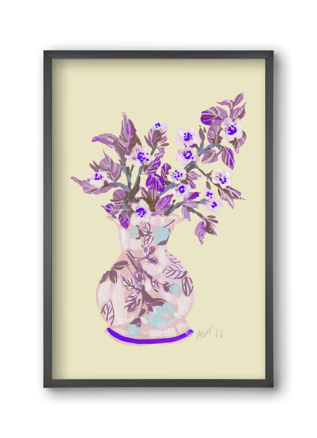 Apple Blossom In Vase- violet, 30x45 cm (30x45 cm), Fekete keret