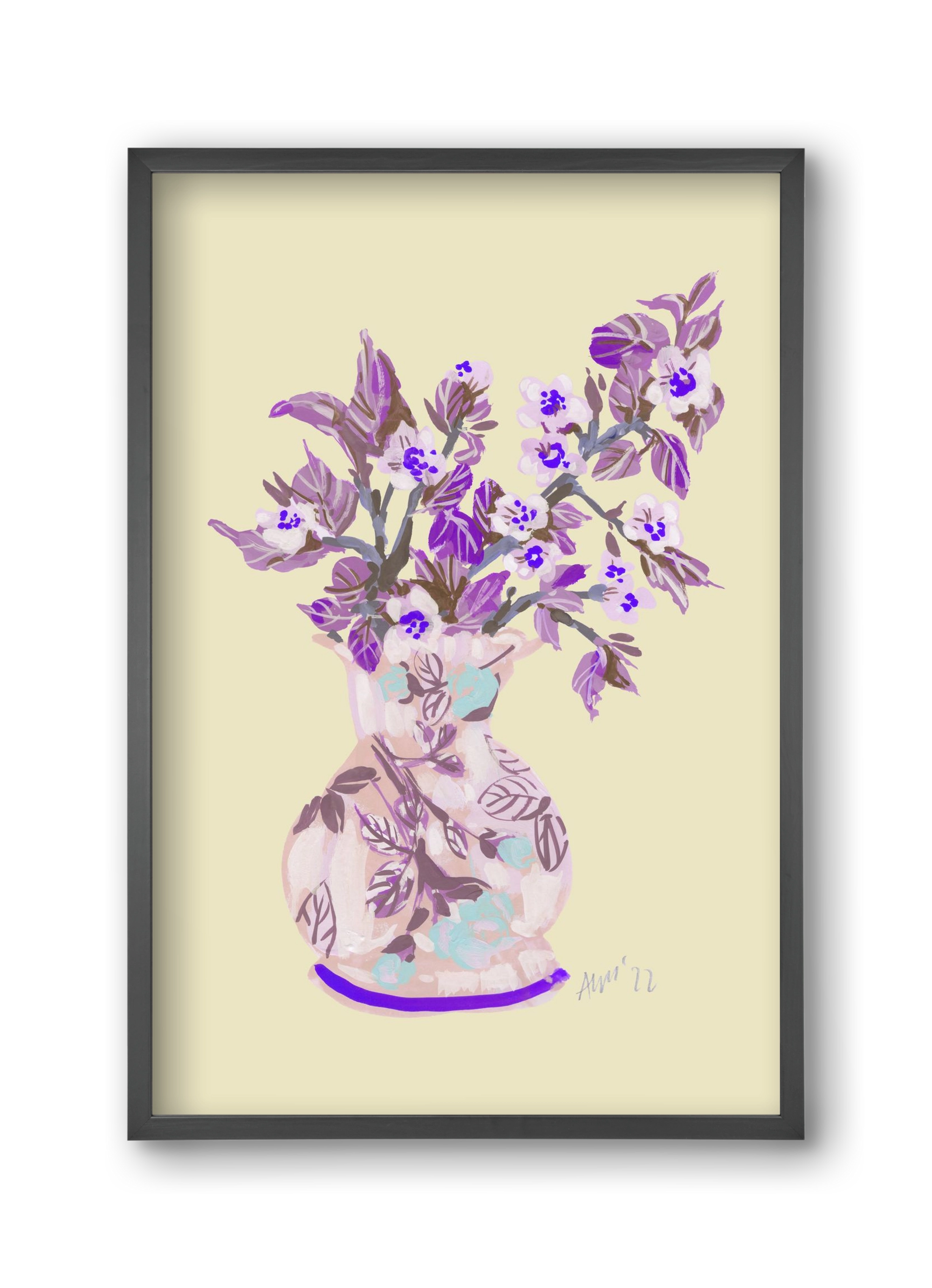 Apple Blossom In Vase- violet, 30x45 cm (30x45 cm), Fekete keret