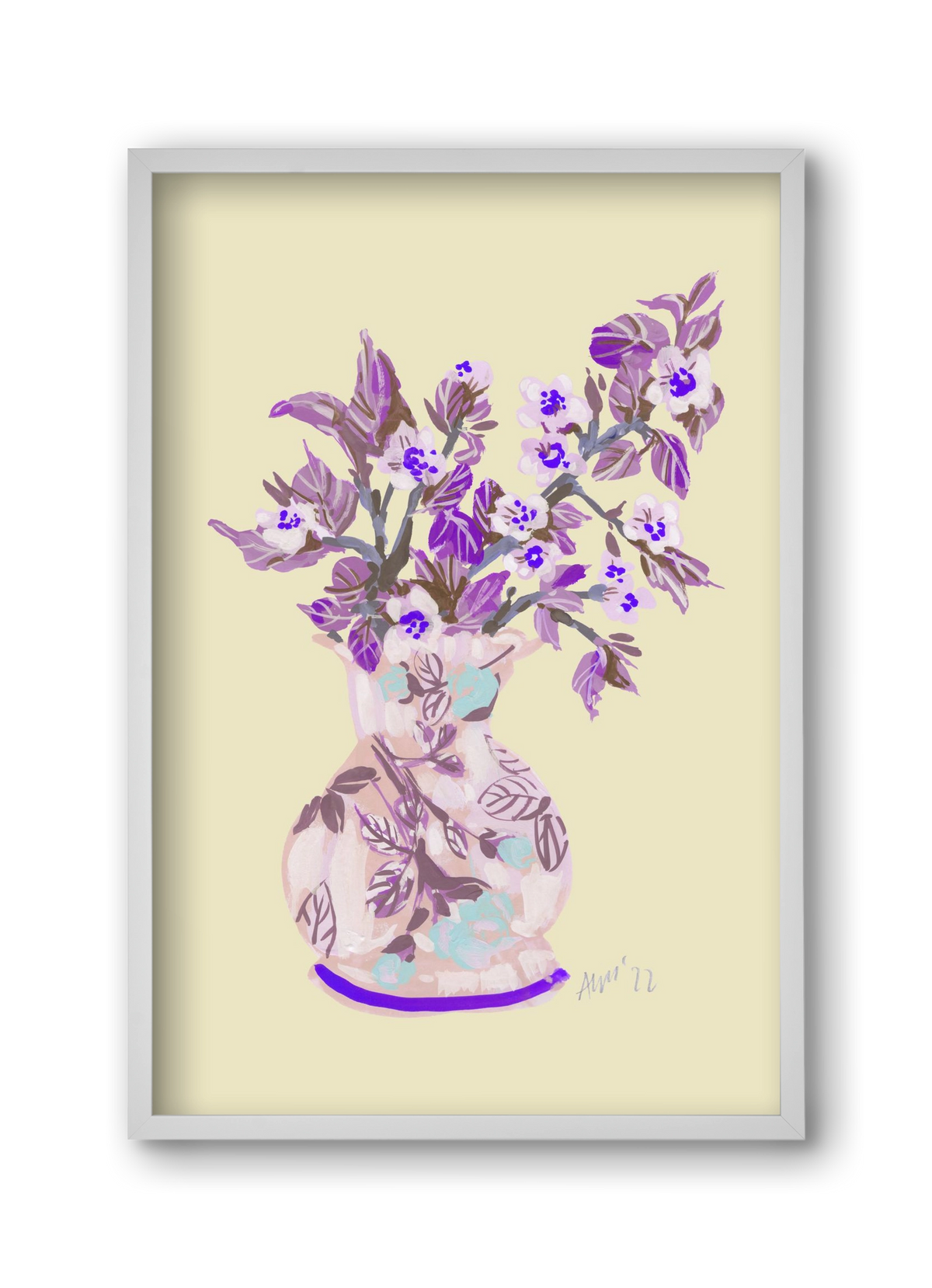 Apple Blossom In Vase- violet, 30x45 cm (30x45 cm), Fehér keret